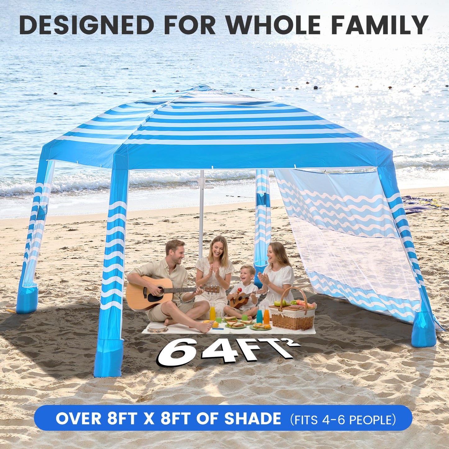 Zeraty Beach Cabana 8'×8', Portable Beach Canopy Easy Pop Up, Beach Tent Sun Shelter with Side Wall, Beach Umbrella Tent with Silver‑Coated Fabric for Family, Wind Resistant
