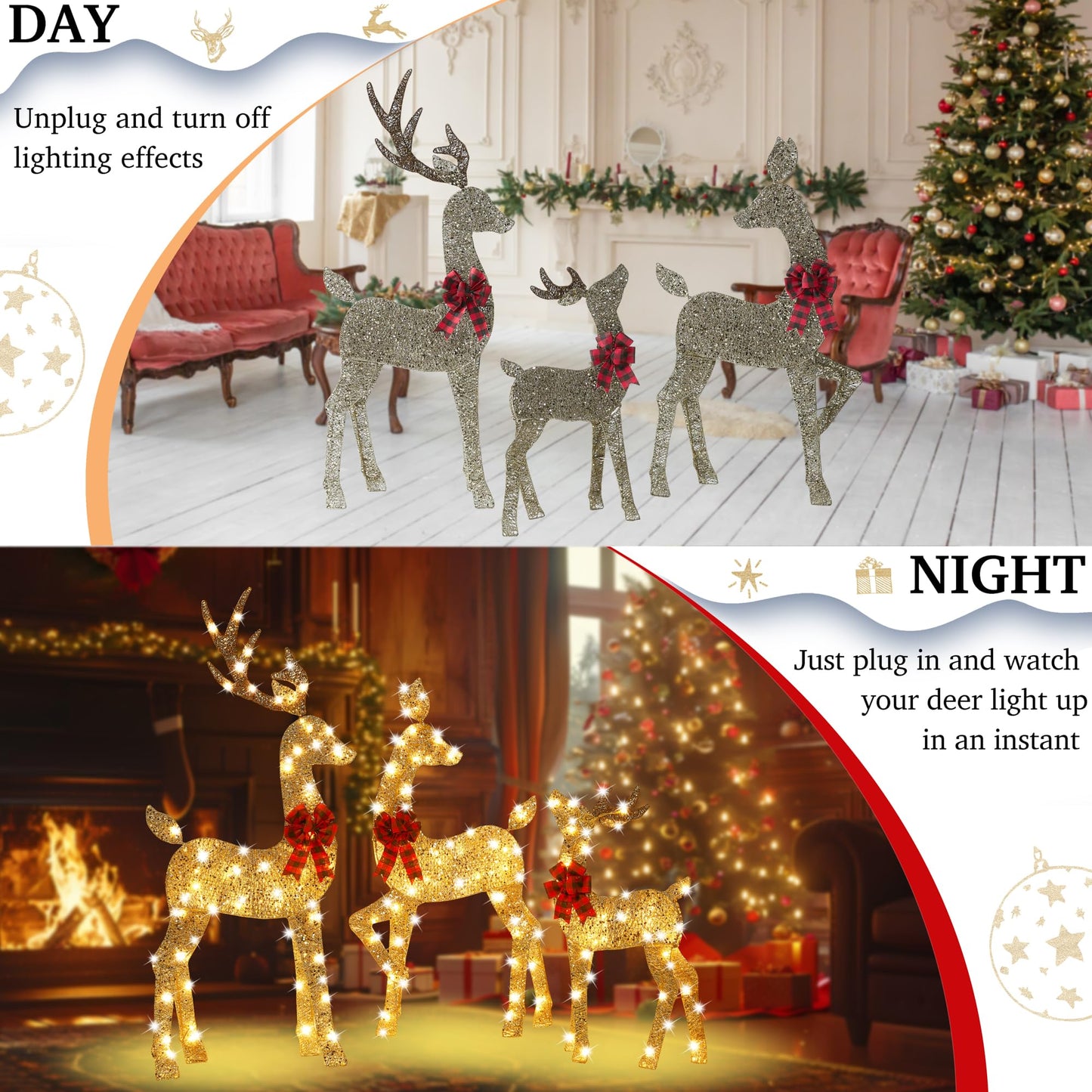 48 Inch 2.5D Gold Lighted Christmas Deer Decorations 3-Piece Outdoor Holiday Decorations Reindeer Set with 145 Warm White LEDs, Large Yard Display for Garden, Storefront