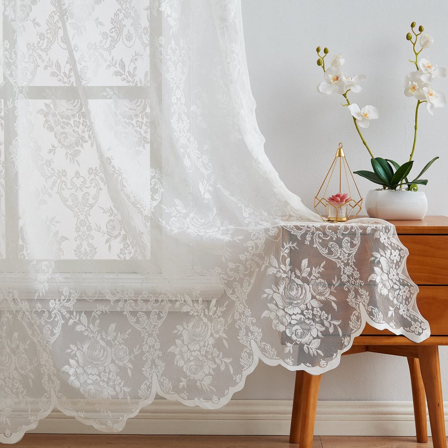 Warm Home Designs Pair of 2 Ivory Color Long Length 54” (W) x 96” (L) Semi Sheer Lace Curtain Panels & Attached Matching Valances with 6 Tassels. Classic Elegant English Rose Pattern. L Ivory 96”