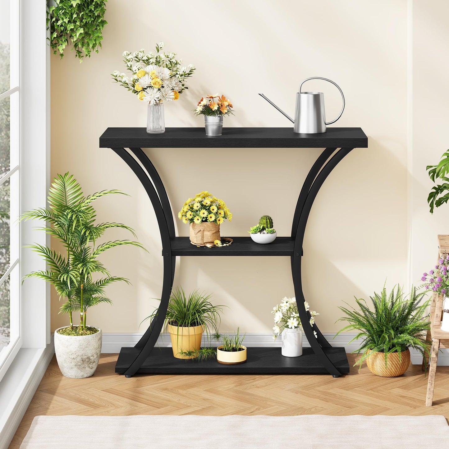 Hoctieon 3 Tier Console Table with Open Wood Shelves, Decorative Entryway Table with Curved Metal Frames, Narrow Sofa Table for Entrance, Living Room, Hallway, Black