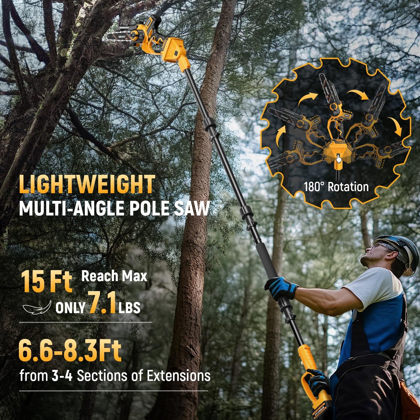 Takuoo 2-IN-1 8 Inch Electric Pole Saw, Mini Chainsaw Cordless with Extension Pole, 21V 2×4.0Ah Battery Powered Polesaw, 15FT Max Reach, Brushless Chain Saw for Limb Branch Cutter Tree Trimming