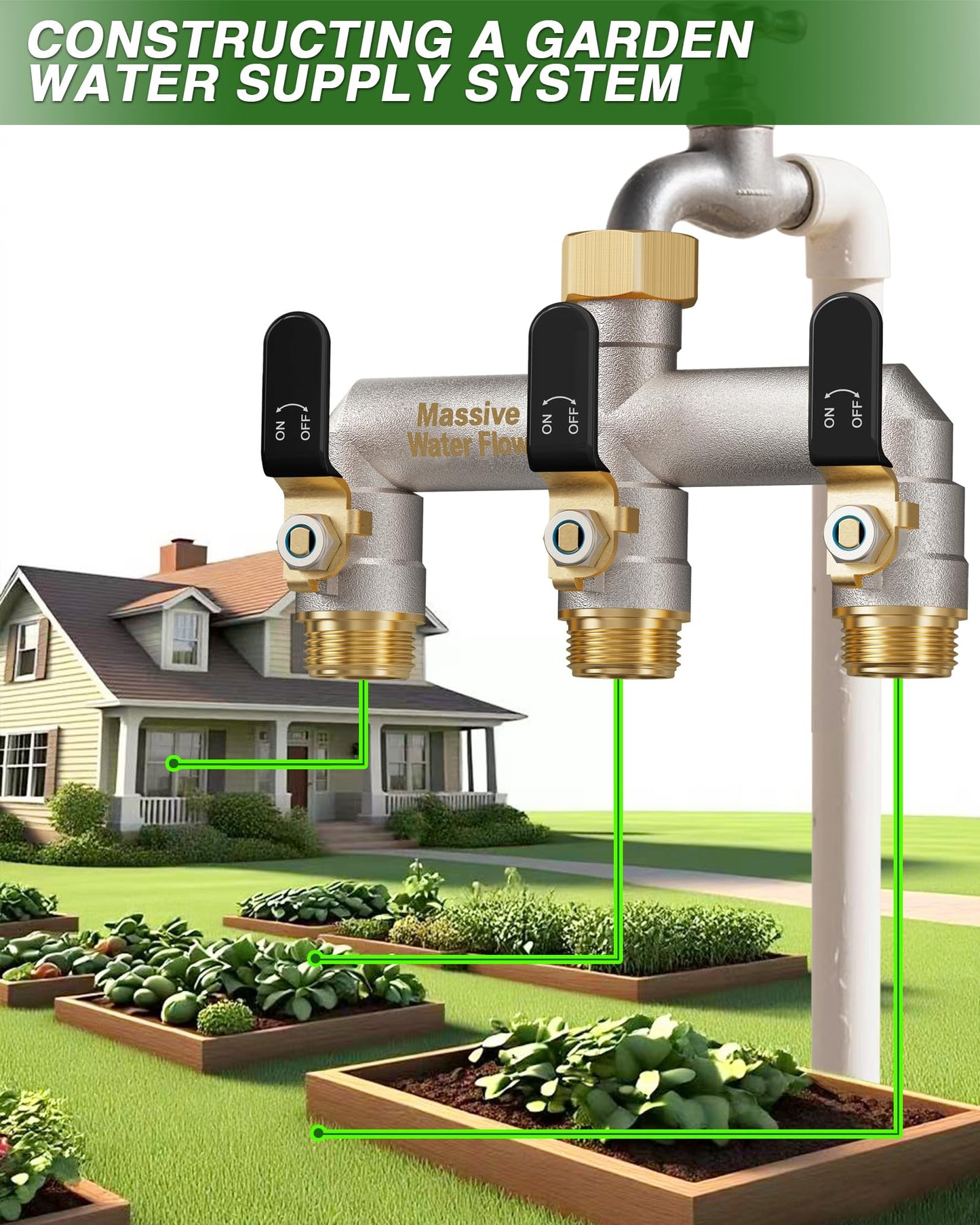3 Way Hose Splitter Heavy Duty, Garden Hose Splitter with 3 Long Handle, Full Flow Brass Nickel Plated Water Hose T Spigot Splitter Adapter Connector, 3/4 - Inch GHT Thread (Black)