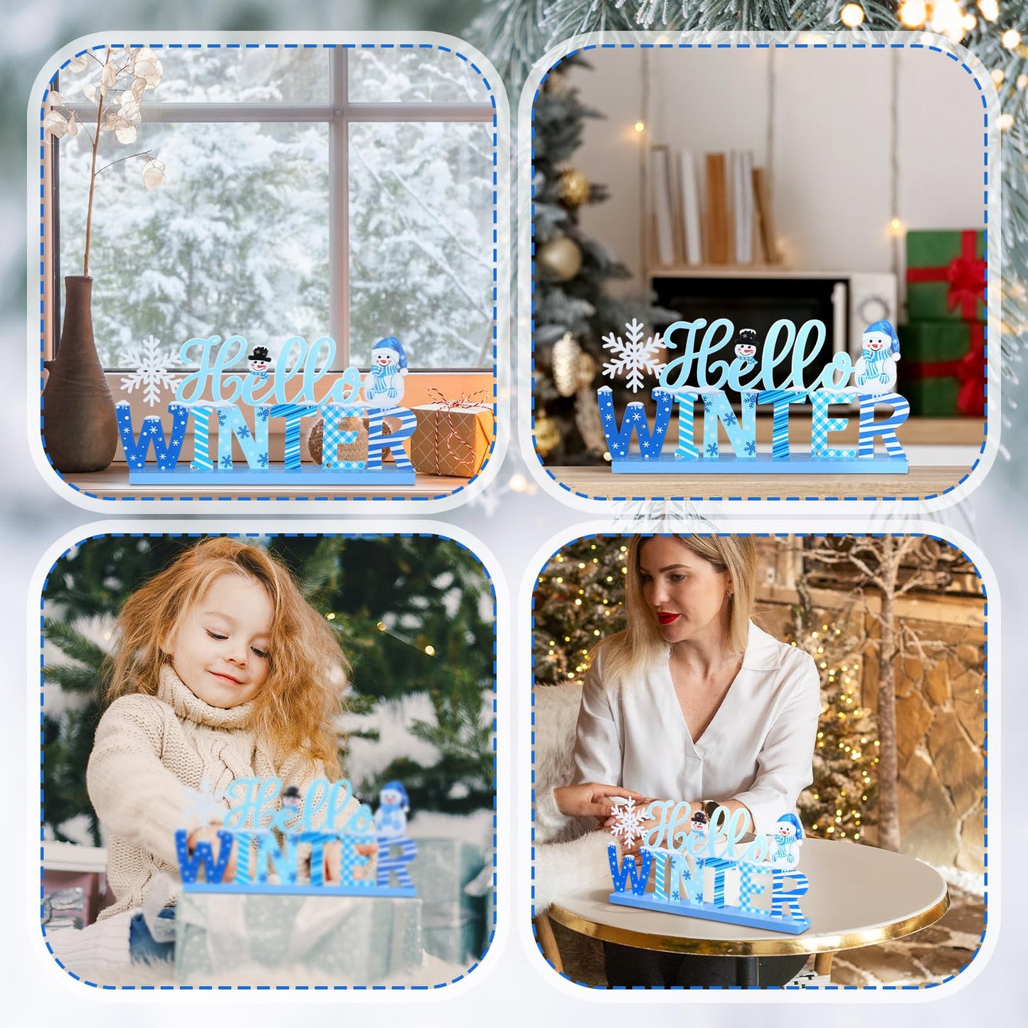 MiniInflat Hello Winter Table Decor Winter Metal Table Sign Christmas Blue Snowman Snowflake Decor with Wood Base for Wonderland Decorations Xmas Home Tiered Tray Mantel Tabletop Centerpiece