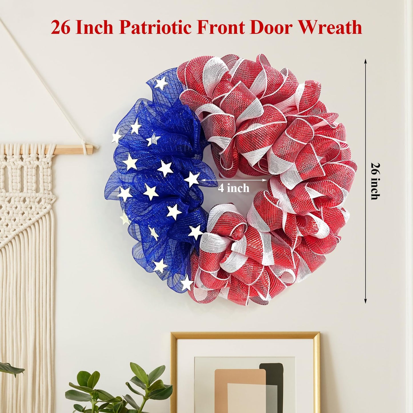 26 Inch Mesh Patriotic Front Door Wreath, 4th July Independence Day Wreath for Summer America Patriotic Flag Burlap Farmhouse Decor, Memorial Day Americana Front Window Hanging Decor