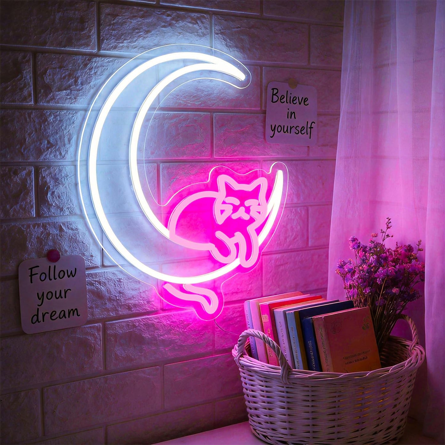 Moon Cat Neon Sign Girl Room Decor Led Neon Lights Signs for Wall Decor USB Powered Led for Room Decoration
