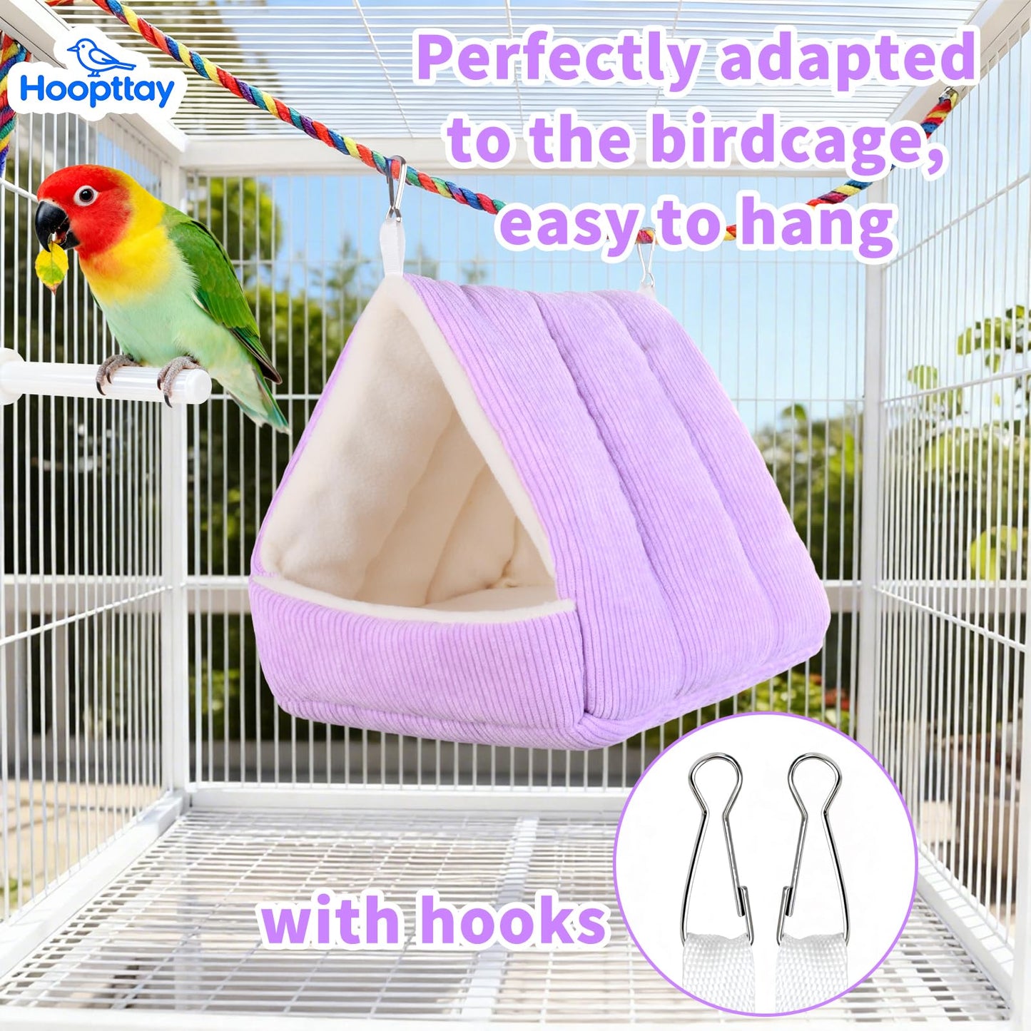 Hoopttay Bird Bed for Cage Winter Warm Bird Bed with Soft Plush Hanging Hammock & Hut Tent, Hideaway Sleeping Nest for Budgies, Parakeets, Cockatiels (Purple, M)