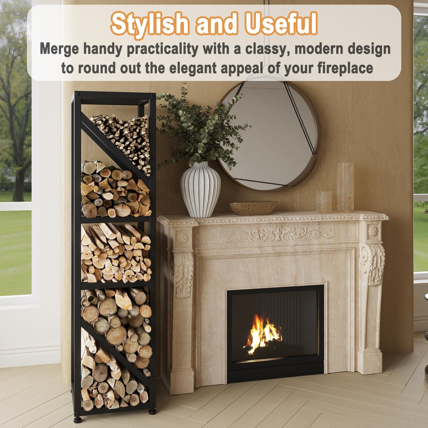 Wakeyard 47 Inch Tall Indoor Firewood Rack Outdoor, 5-Tier Functional Fireplace Log Holder, Heavy Duty Metal Firewood Storage Rack, Decorative Log Organizer, Anti-Rust Coating, Adjustable Pads