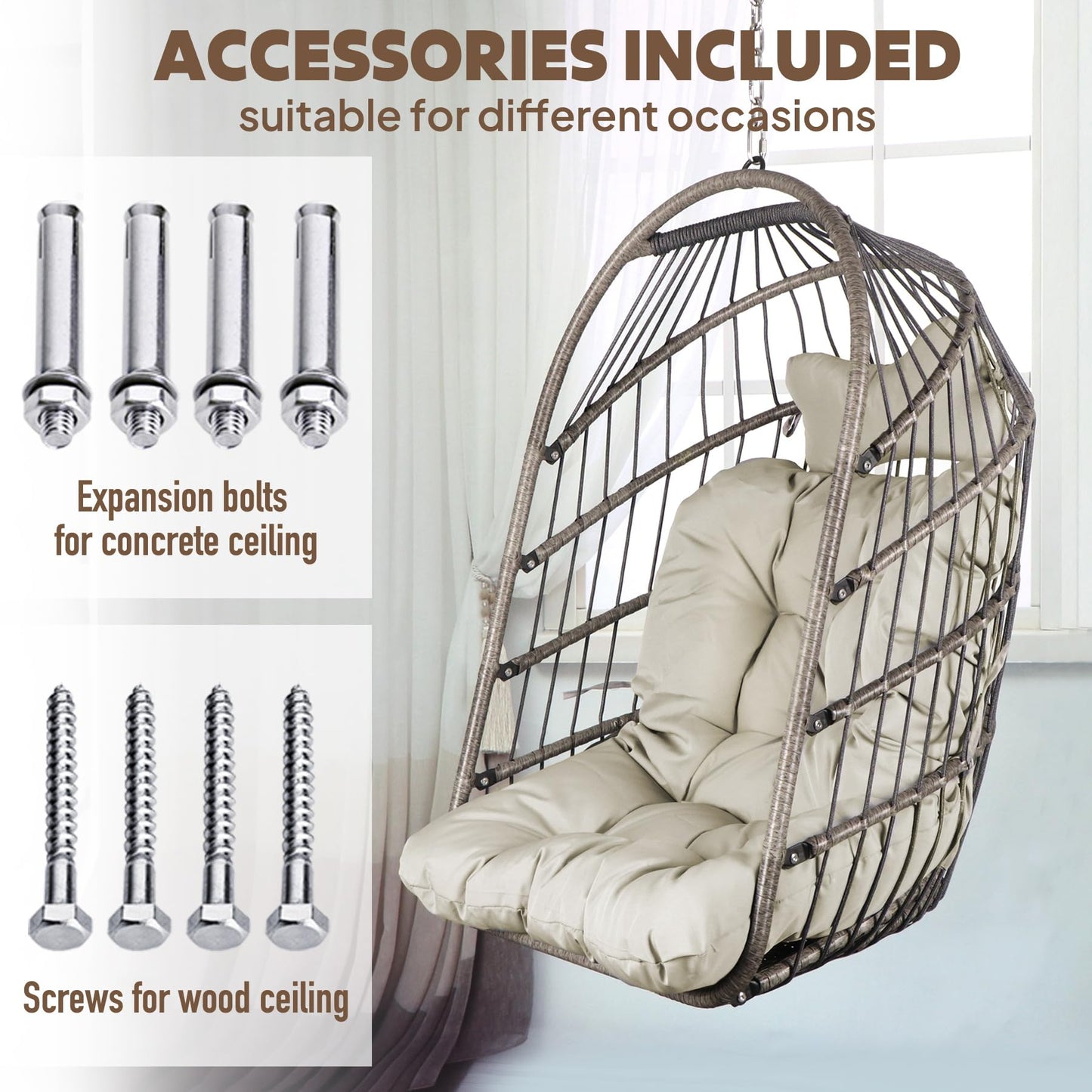 Chihee Egg Chair Foldable Wicker Rattan Hanging Swing Chair Indoor Outdoor Patio Wicker Chair Hammock Chairs with Stainless Steel Hanging Kit Chain Link UV Resistant Cushion Bedroom Balcony