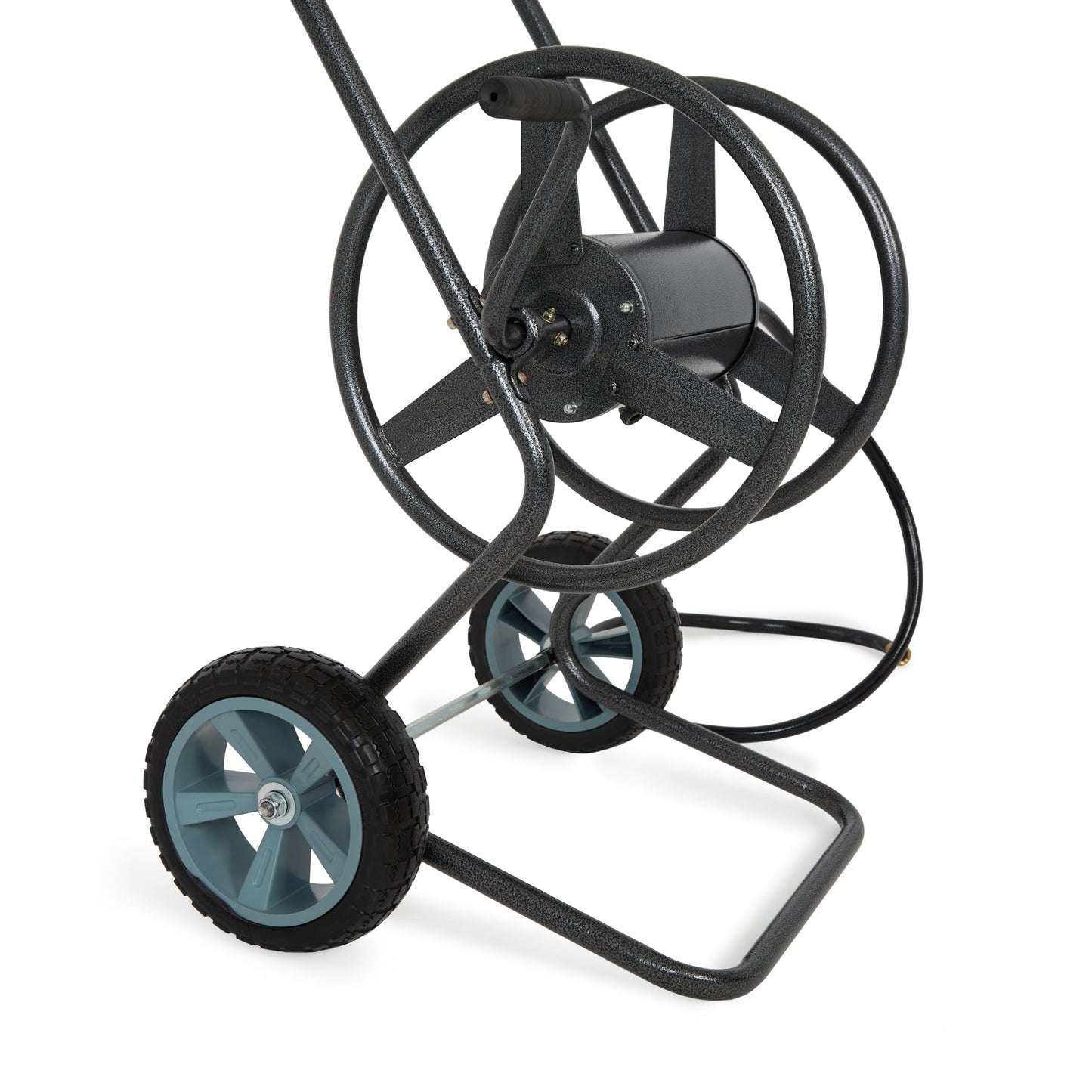 Backyard Expressions 2‑Wheel Garden Hose Reel Cart, Portable Hand‑Crank Hose Reel, Rust‑Resistant Hammertone Gray Finish, Brass Connectors