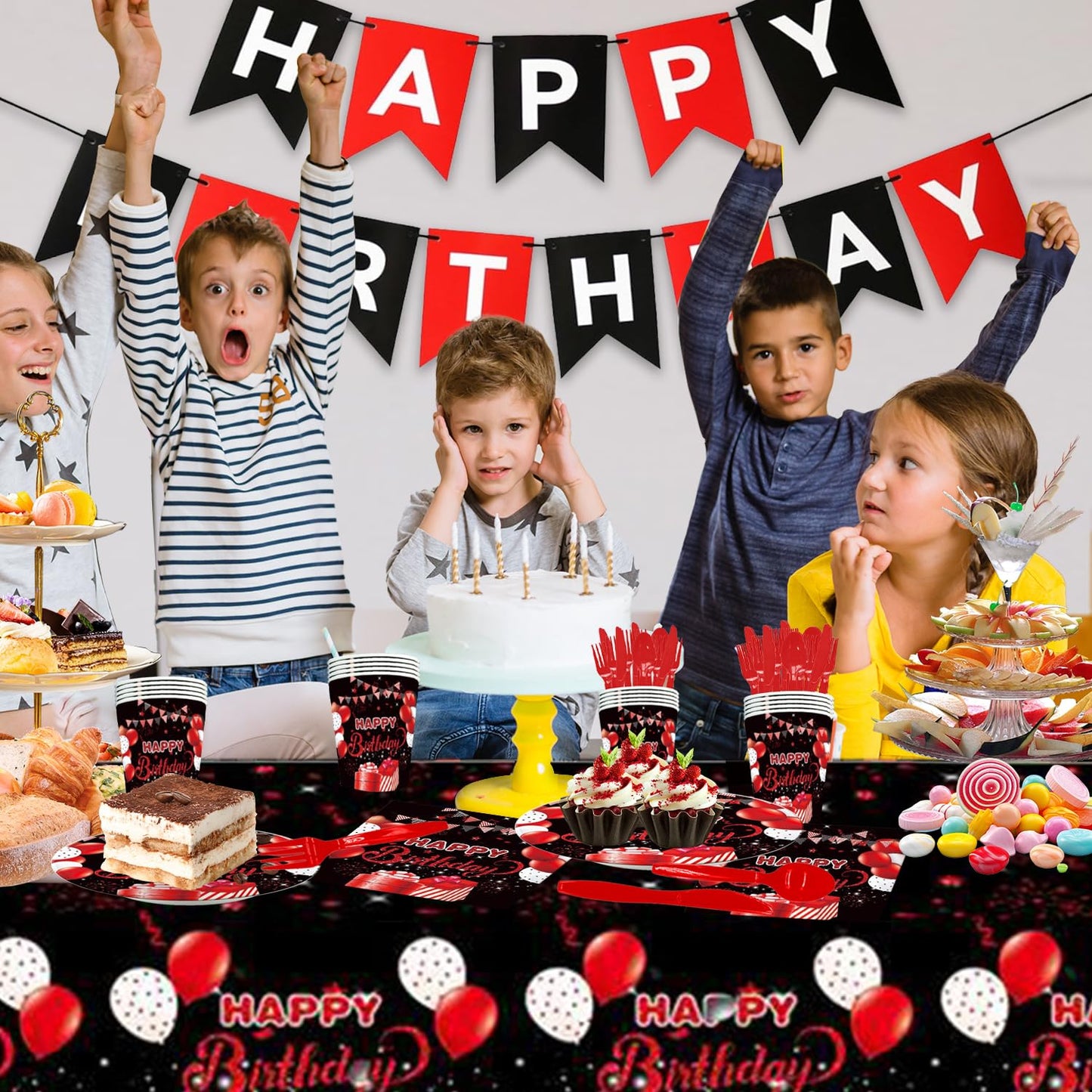142Pcs Red and Black Birthday Party Tableware Set Inculde Plates Napkins Knives Forks Spoons Cups Banner and Tablecover Red and Black Birthday Party Decorations Supplies Serve 20