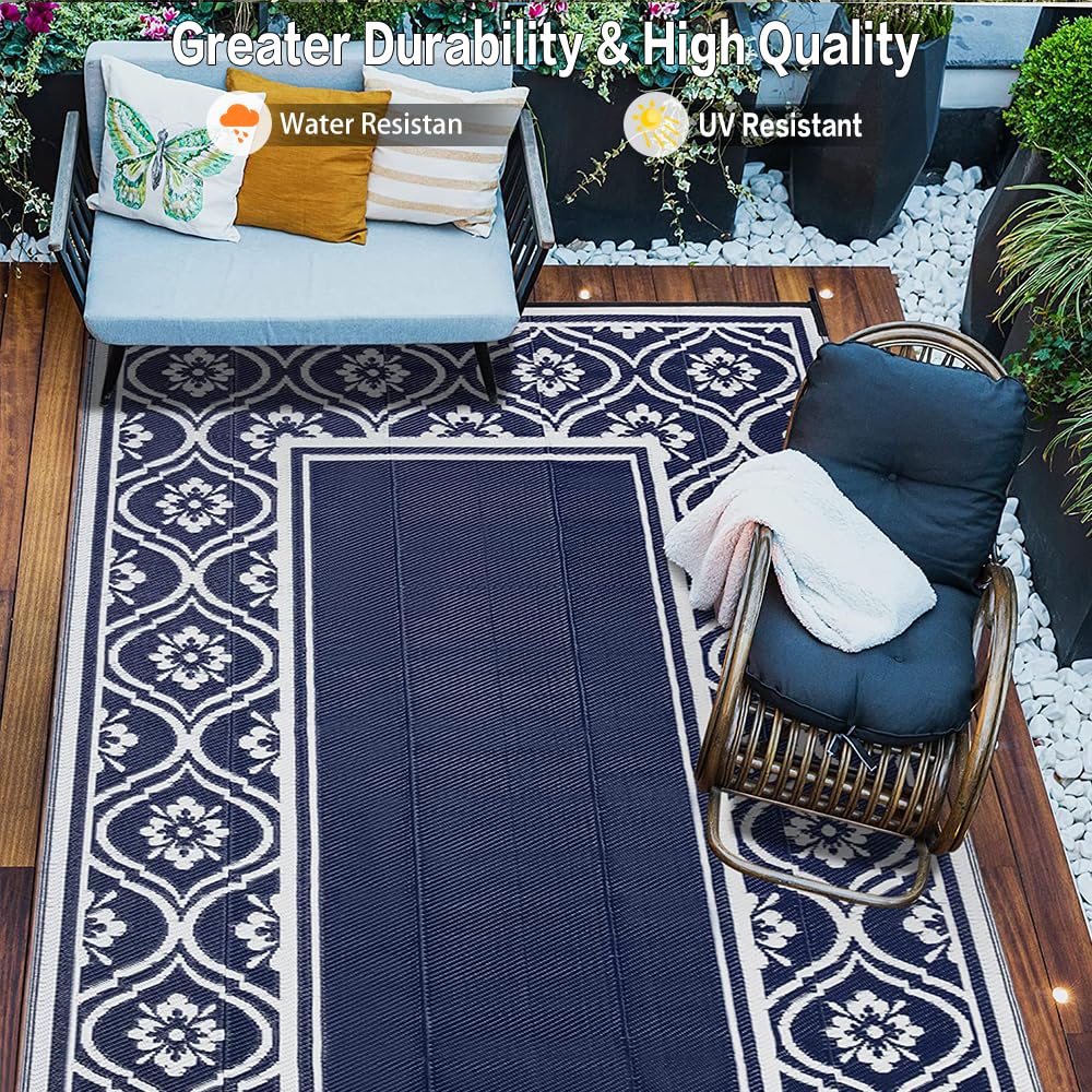 HUGEAR Outdoor Rug 8x10 Patio Camping Carpet Waterproof Mat Blue Outside Plastic Area Rug Reversible Rugs for RV Deck Entryance Porch Picnic Balcony Beach(8x10ft Navy Blue&White)