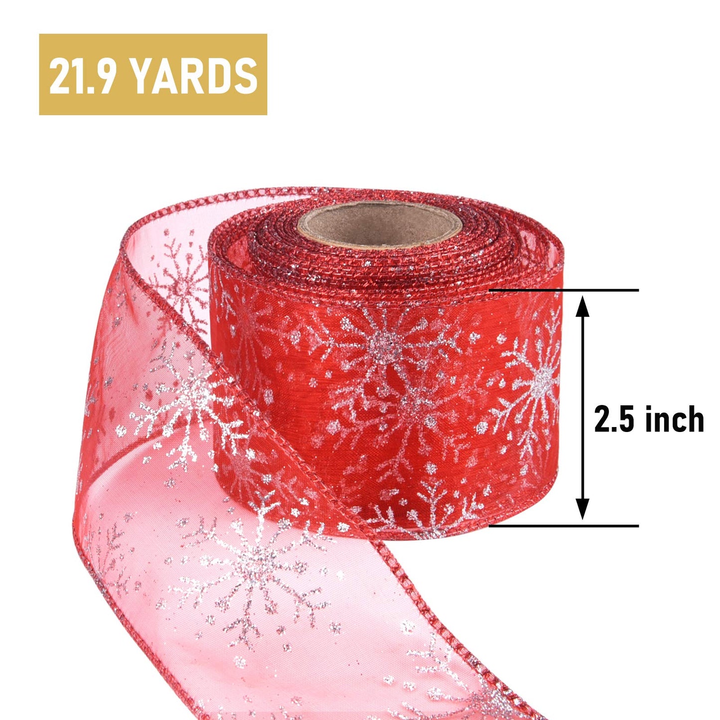 Livder 2.5 Inch Wide Christmas Wired Ribbon Snowflake Organza Sheer Glitter Ribbon for Xmas Tree, Wreath, Party Decoration, Gift Wrapping (Red, 21.9 Yards)