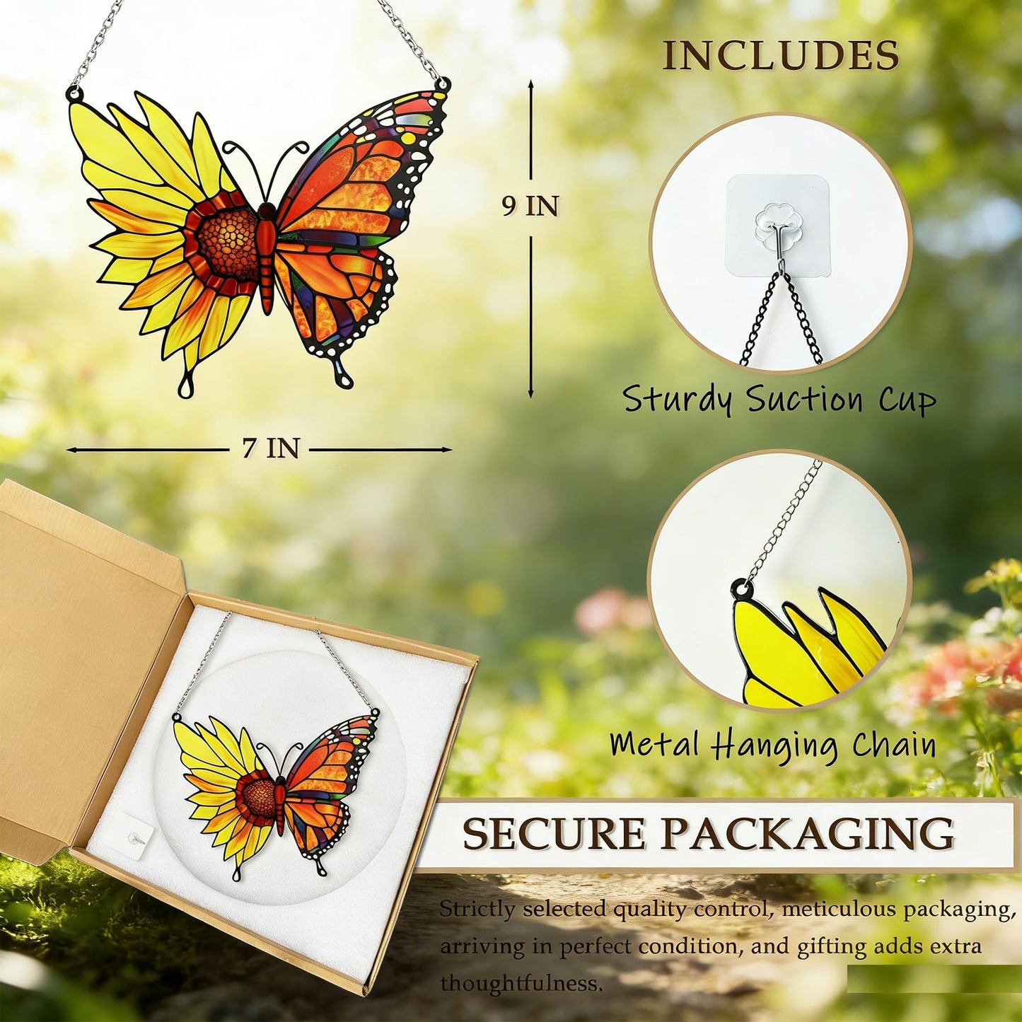 Stained Glass Window Hanging 7 * 9Inch Butterfly Flowers Sun Catcher Decor Handcrafted Stained Glass Panel for Window Home Garden Indoor Suncatchers Ideal Gift for Mom & Friends