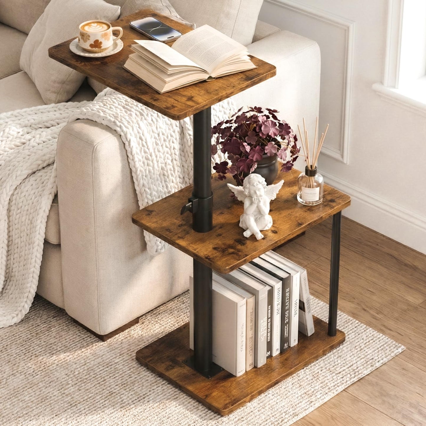 Faesun 360° Swivel Side Table for Height Adjustable, C Shaped End Table for Couch with Storage, 3-Tier Night Stand with Open Shelf, Tv Tray for Small Spaces, Living Room, Bedroom, Rustic Brown