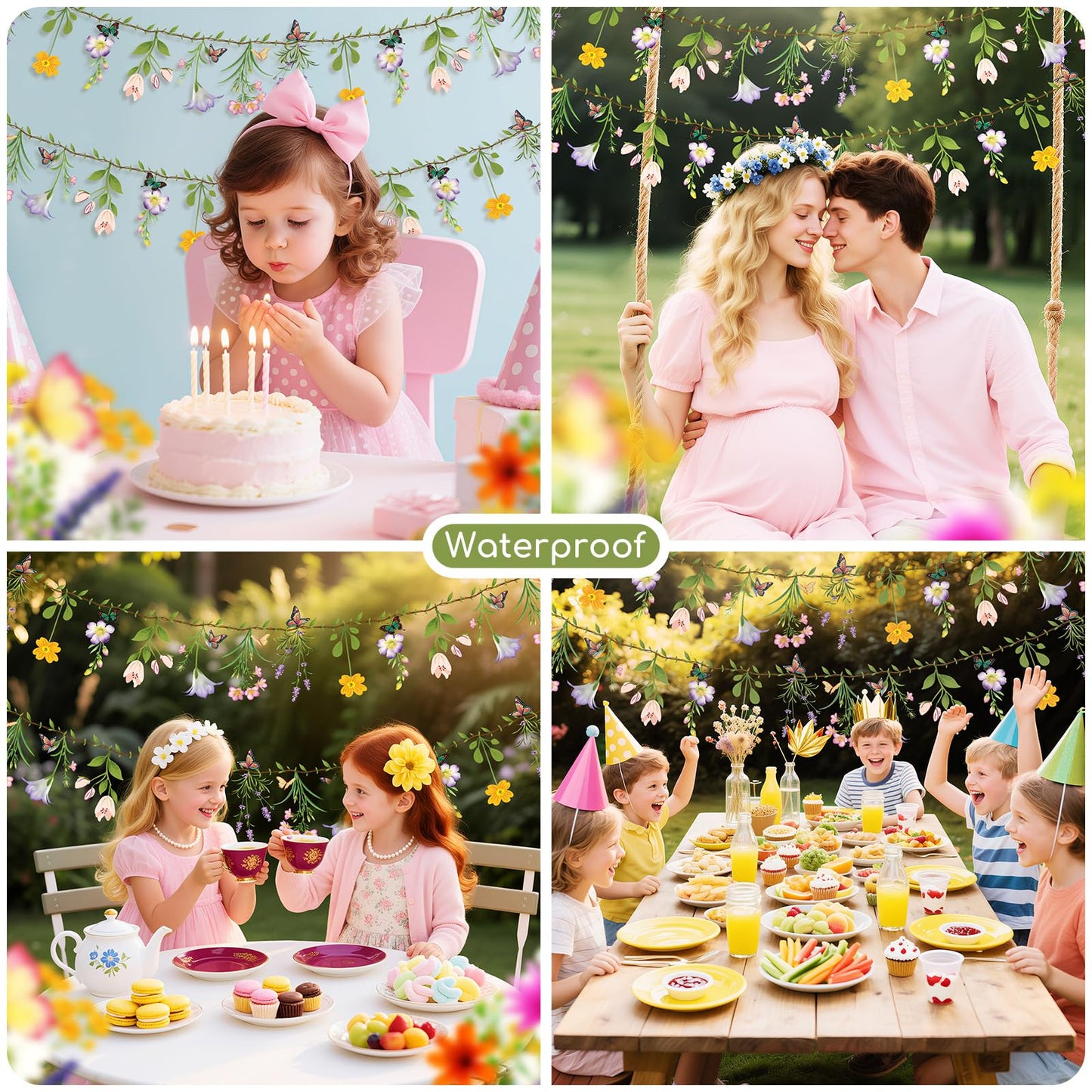 Ghegicu 2PCS Flower Banner Reusable Wildflower Garland Floral for Spring Party Enchanted Garden Theme Picnic Wedding Baby Shower Birthday Tea Party Christmas Valentine's Day Supplies Home Decorations