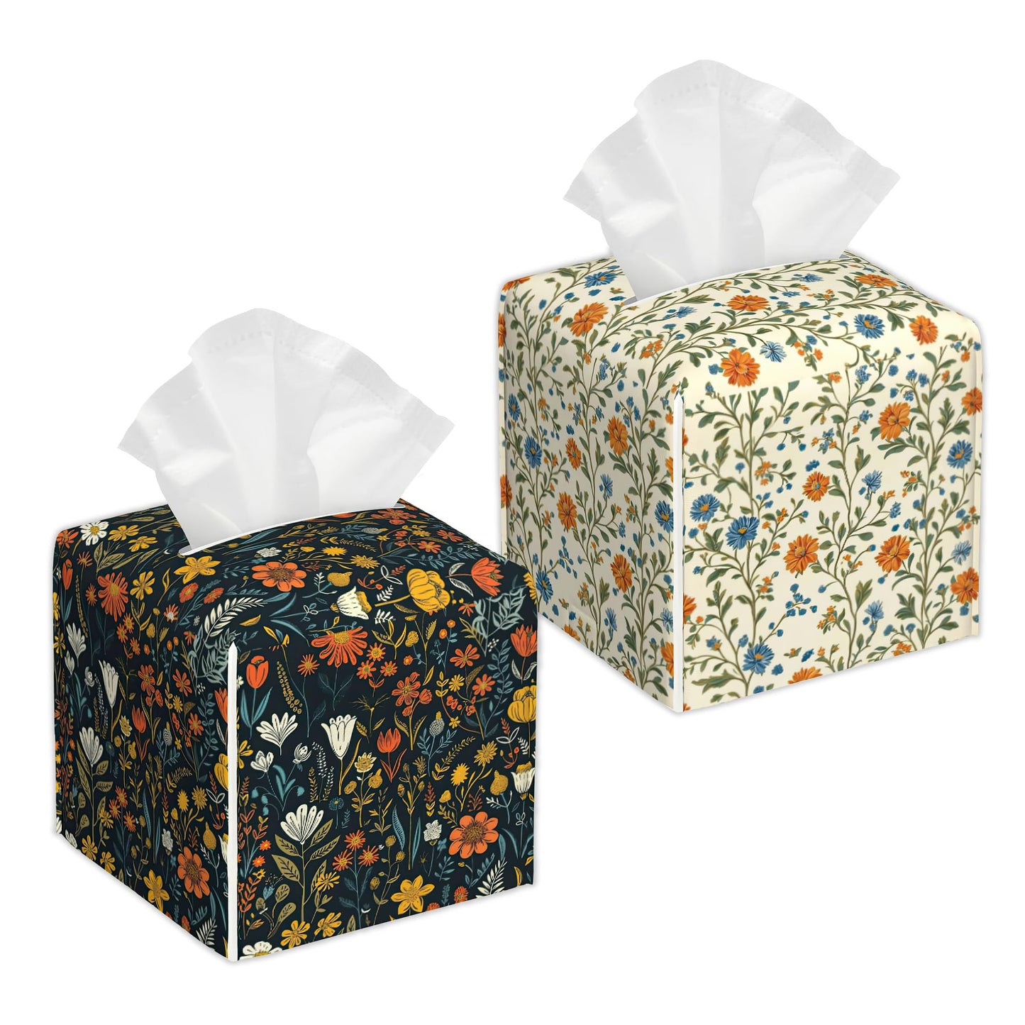 Wild Floral 2 Pcs Tissue Box Cover Square, Leather Tissue Box Holder for Bathroom Livingroom Bedroom, Spring Decorations Cube Tissue Holder