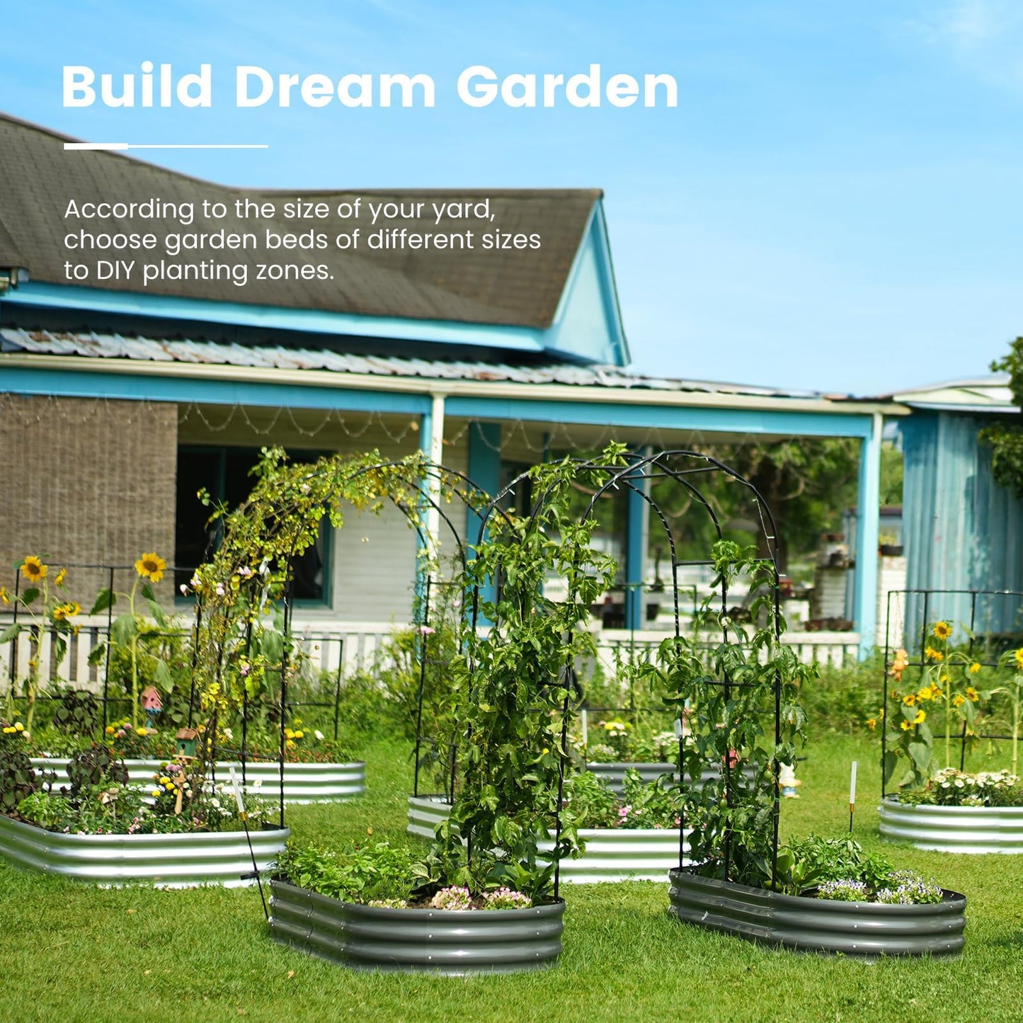 KING BIRD Raised Garden Bed with Arched Trellis Galvanized Planter Garden Box Outdoor for Gardening, Climbing Vegetables, Flowers, Dark Grey, 5.9x2.95x0.98 Ft
