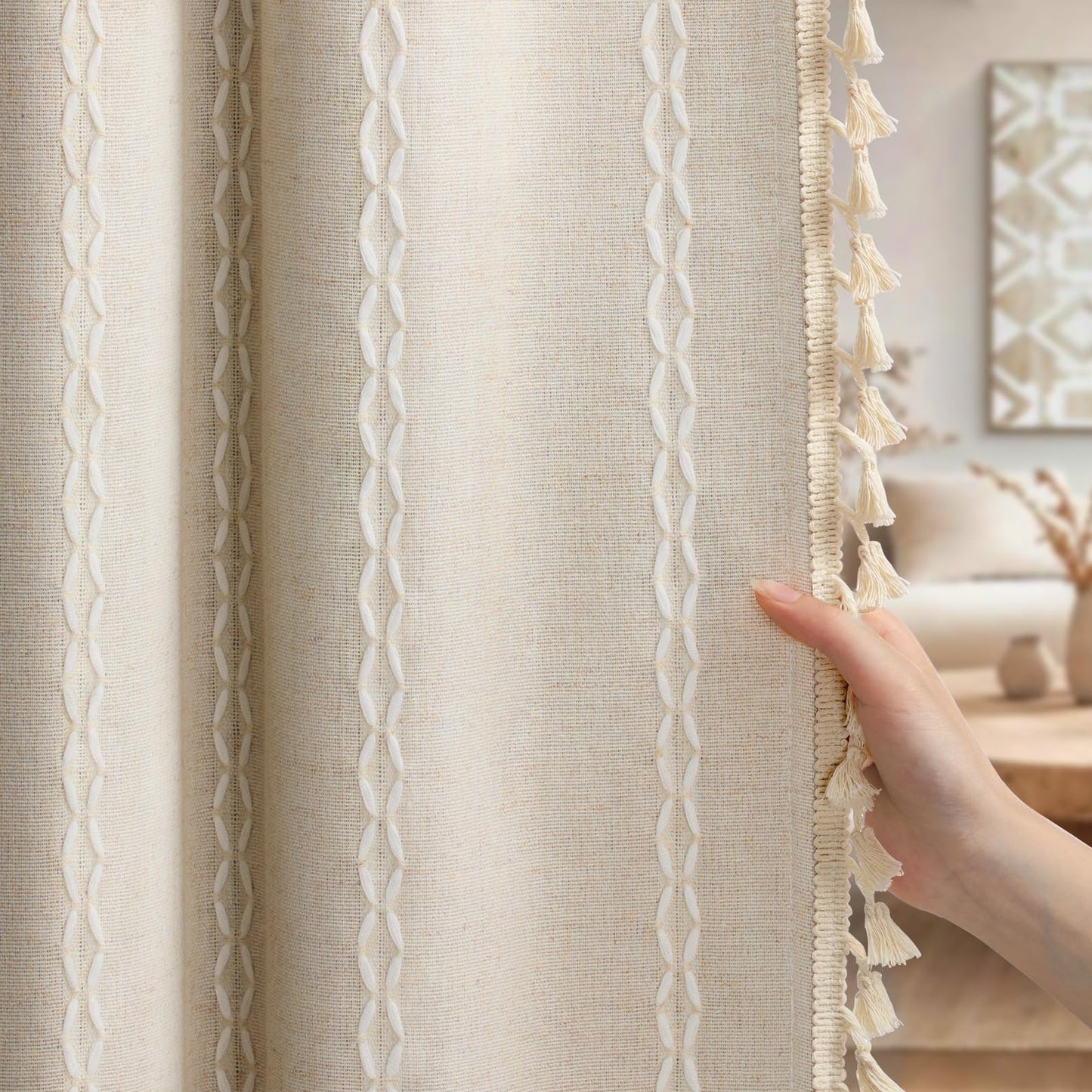 XOGUIBO Boho Blackout Curtains 2 Panels 84 Inch for Living Room Bedroom, Beige Linen Texture Farmhouse Curtains with Tassels and Cotton Embroidery Vintage Rustic Western Rod Pocket