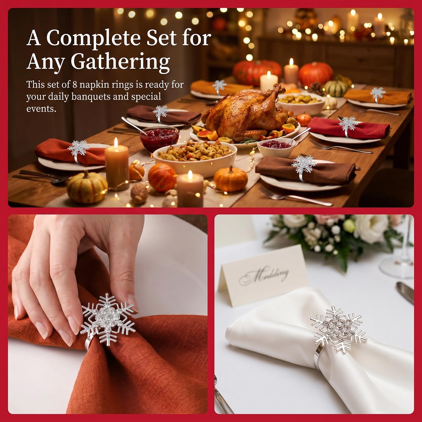 Christmas Napkin Rings Set of 8, Snowflake Metal Napkin Ring Holders, Silver Napkin Buckles for Christmas Table Decor, Holiday Party Dinner Wedding Banquet Table Settings Accessories