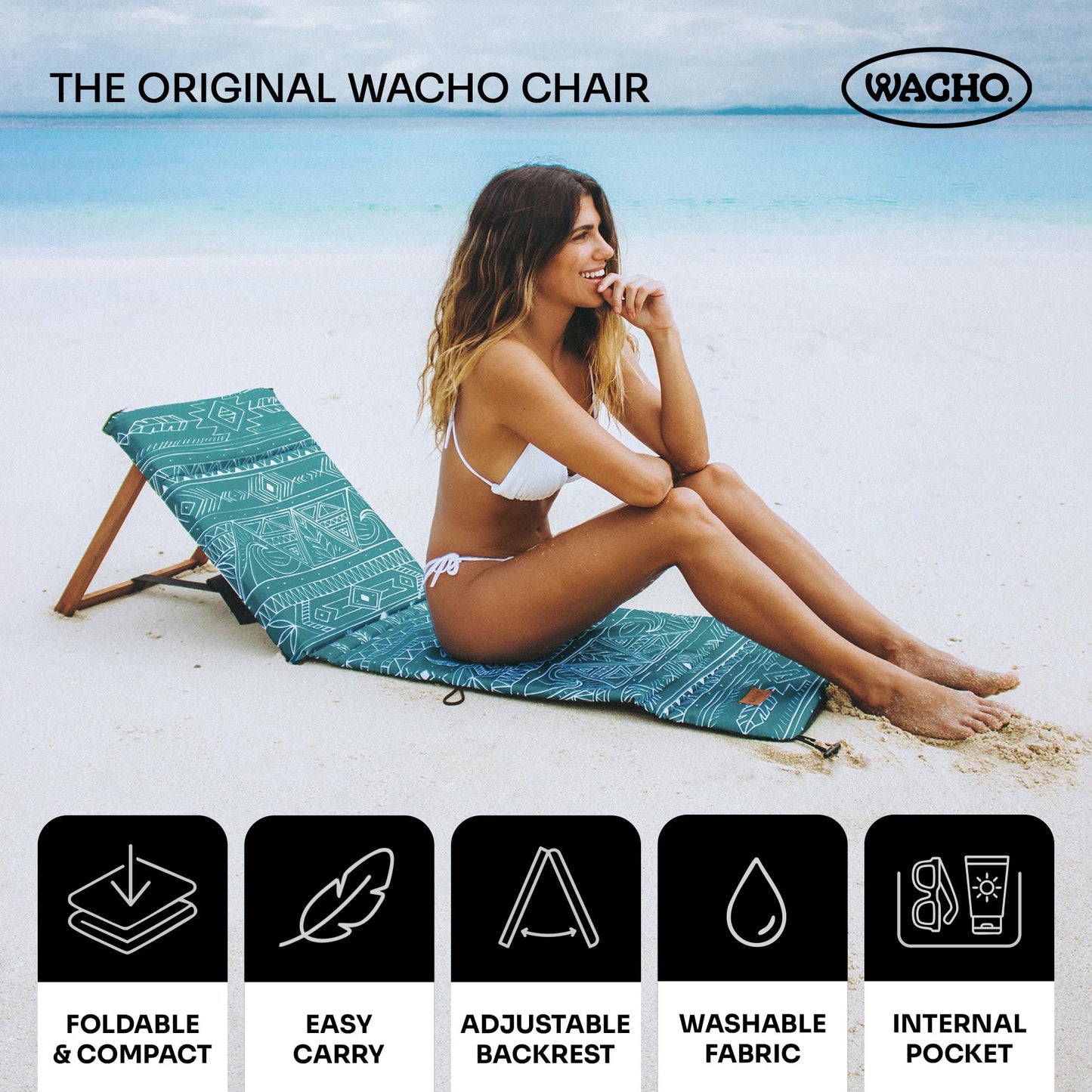 Wacho Outdoor Folding Beach Chair – Ultralight Reclining with Adjustable Wooden Backrest, Foam Padding & Water-Resistant Recycled Fabric – Portable Lounge Chair for Beach, Camping, Picnic – Blue Green