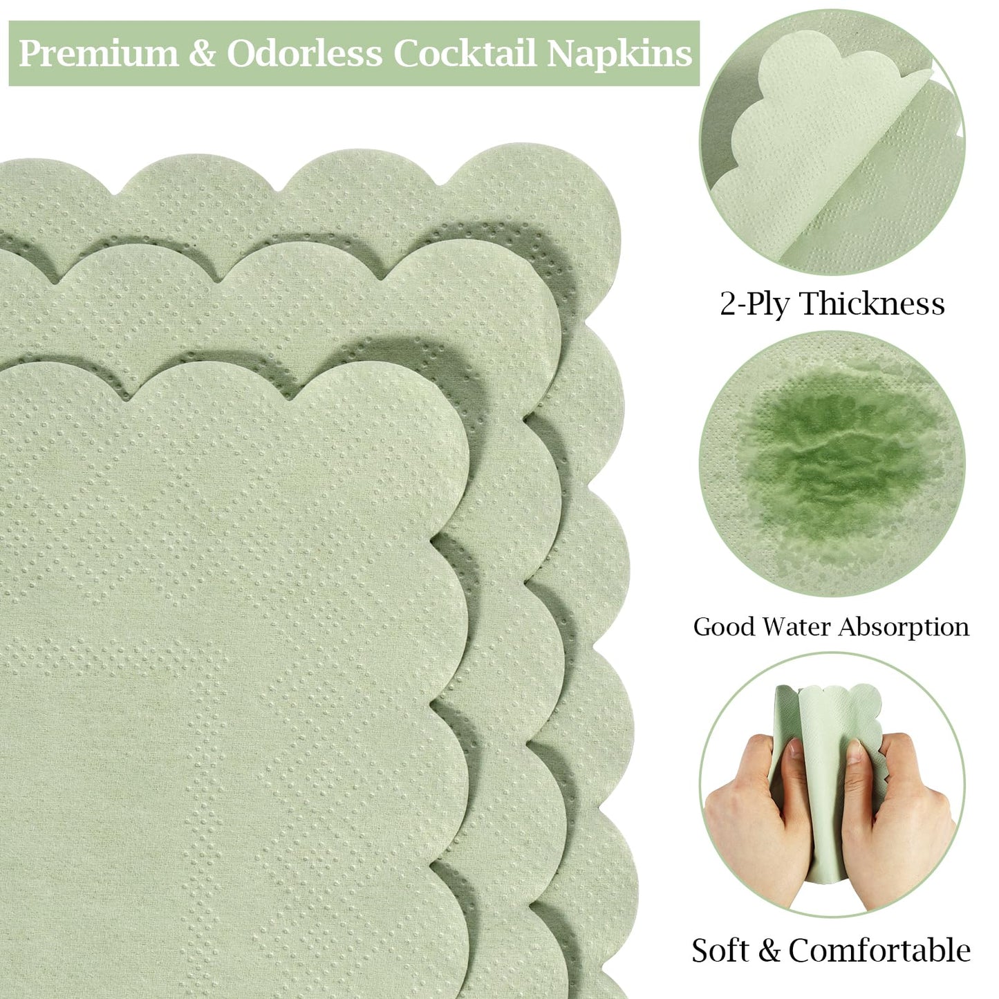 100 Pcs Cocktail Napkins, 2-Ply 5 x 5 Inches Disposable Scalloped Napkins, Thick Premium Dessert Napkins for Party, Wedding, Dinner, Birthday, Anniversary, Festival (Sage Green)