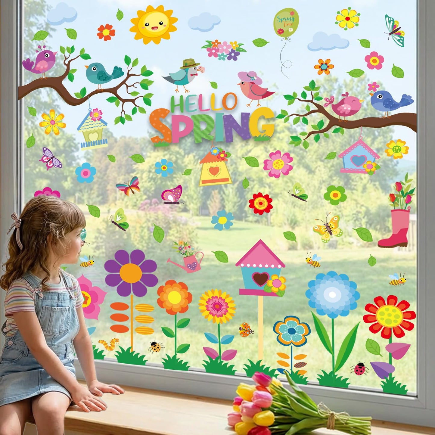 9 Sheets Spring Window Clings for Glass Windows, Spring Decor Window Stickers for Kids, Summer Easter Decals Decorations for Home, Office, Classroom Glass Doors