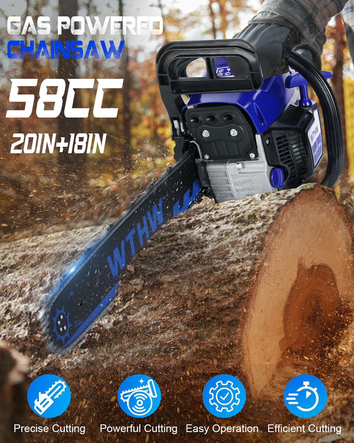WTHW 58 cc Gas Powered Chainsaw, 20 in & 18 in Quick-Switch Bars – 550 ml Fuel 260 ml Oil Tanks, Automatic Chain Oiler, Centrifugal Air Filter, Quick Start, Inertial Chain Brake (Blue)
