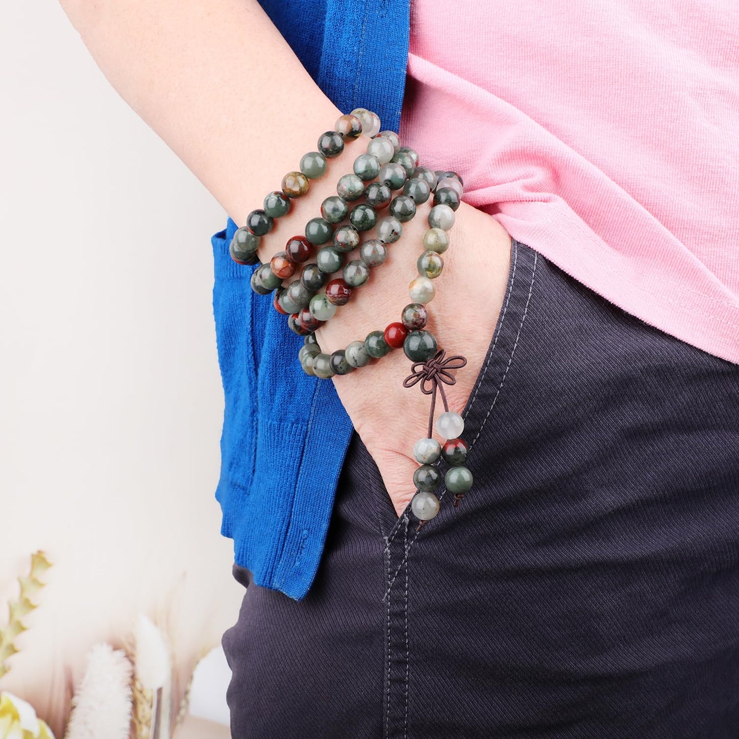 AD Beads 8mm 108 Prayer Mala African bloodstone Elastic Bracelet - Strengthen the body - Handmade Yoga Meditation Healing Power Energy Gifts for Unisex Adult.