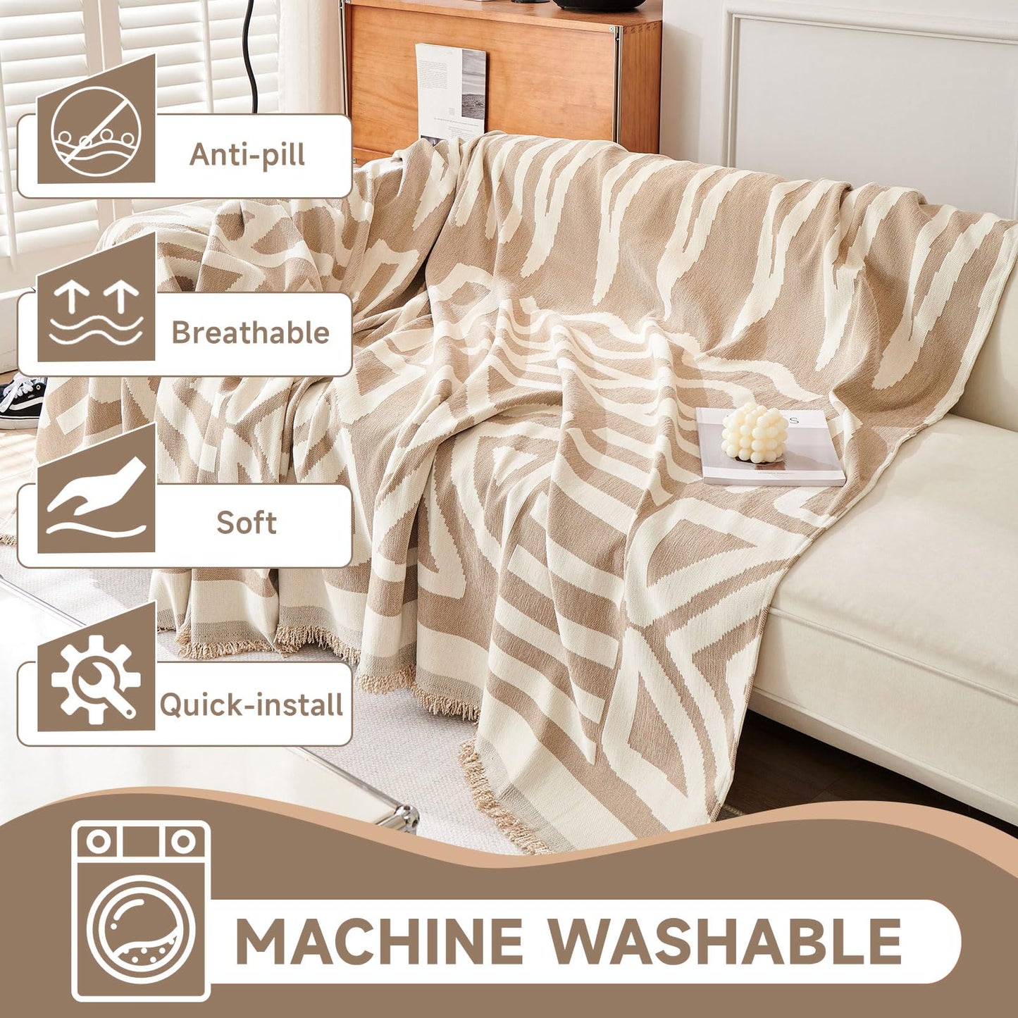 VClife Boho Couch Covers for Sofa Aztec Geometric Patterned Couch Slipcover for Dog, Non Slip Washable Sectional Sofa Cover for 2 Cushion Couch Heavy Duty Furniture Slip Covers, Beige, 71''x118''