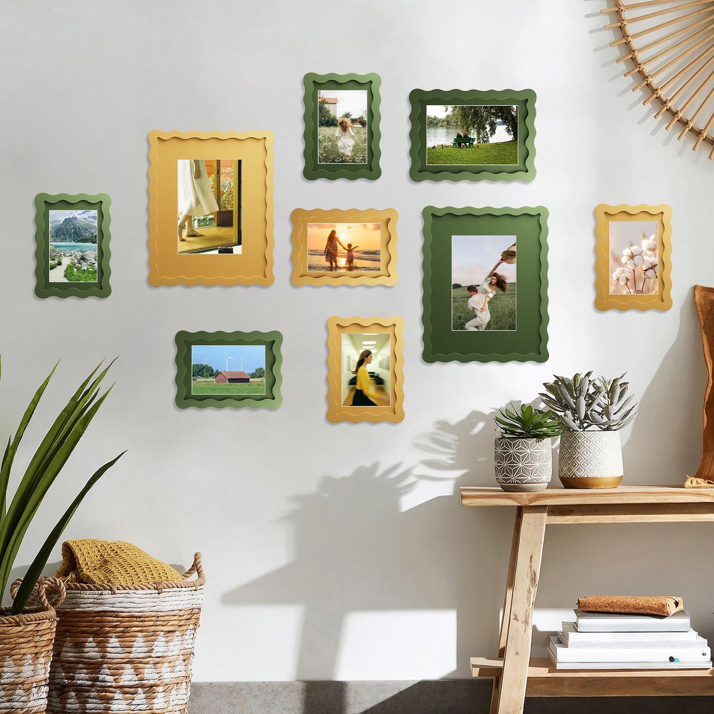 THKRLOF 4x6 Picture Frame with Mat for 3.5x5, Wavy Edge Wooden Real Glass Photo Frame for Tabletop and Wall Hanging, Green, 1 Pack