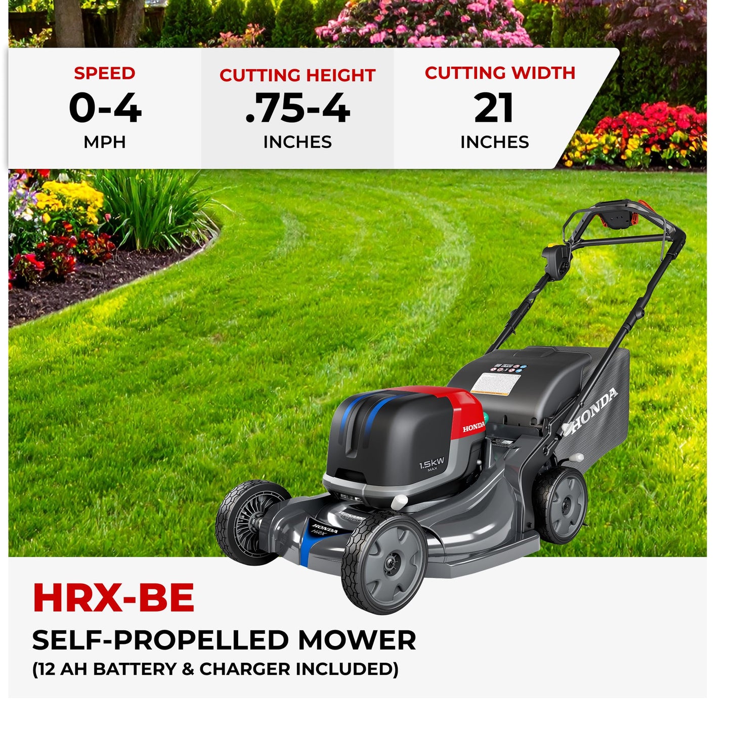 Honda HRX-BE 21-Inch Walk Behind 12 AH Battery Powered Lawn Mower with 2 Battery Bays, Variable Speed Self Propelled Lawn Mower with 2.2 Bushel Capacity, Easy-Off Grass Bag (HRX217YXBEXA6)