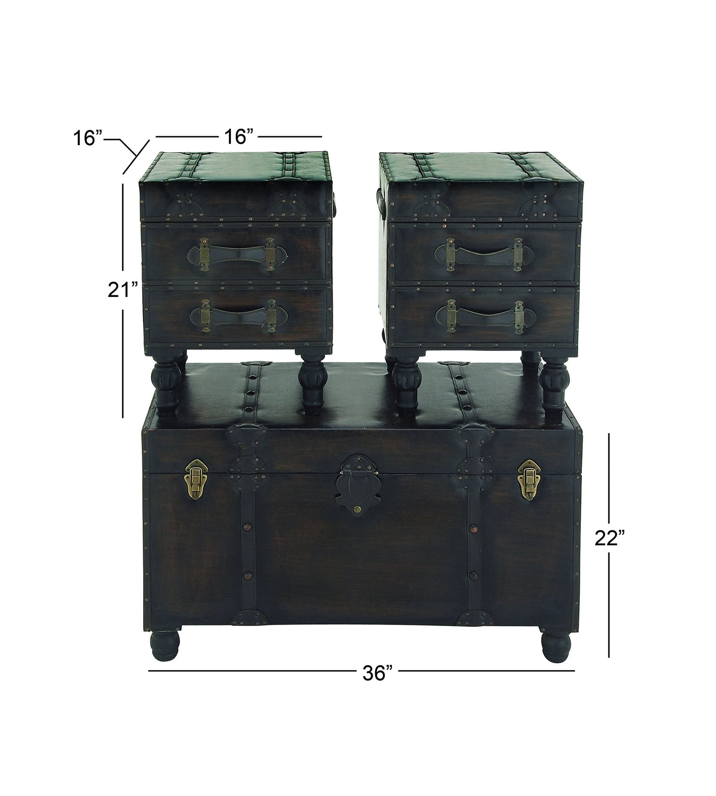 Deco 79 Faux Leather Home Bench Vintage 4 Drawer Entryway Benches with Faux Leather Straps and Studs, Set of 3 Bedroom Benches 37", 16", 16"W, Brown