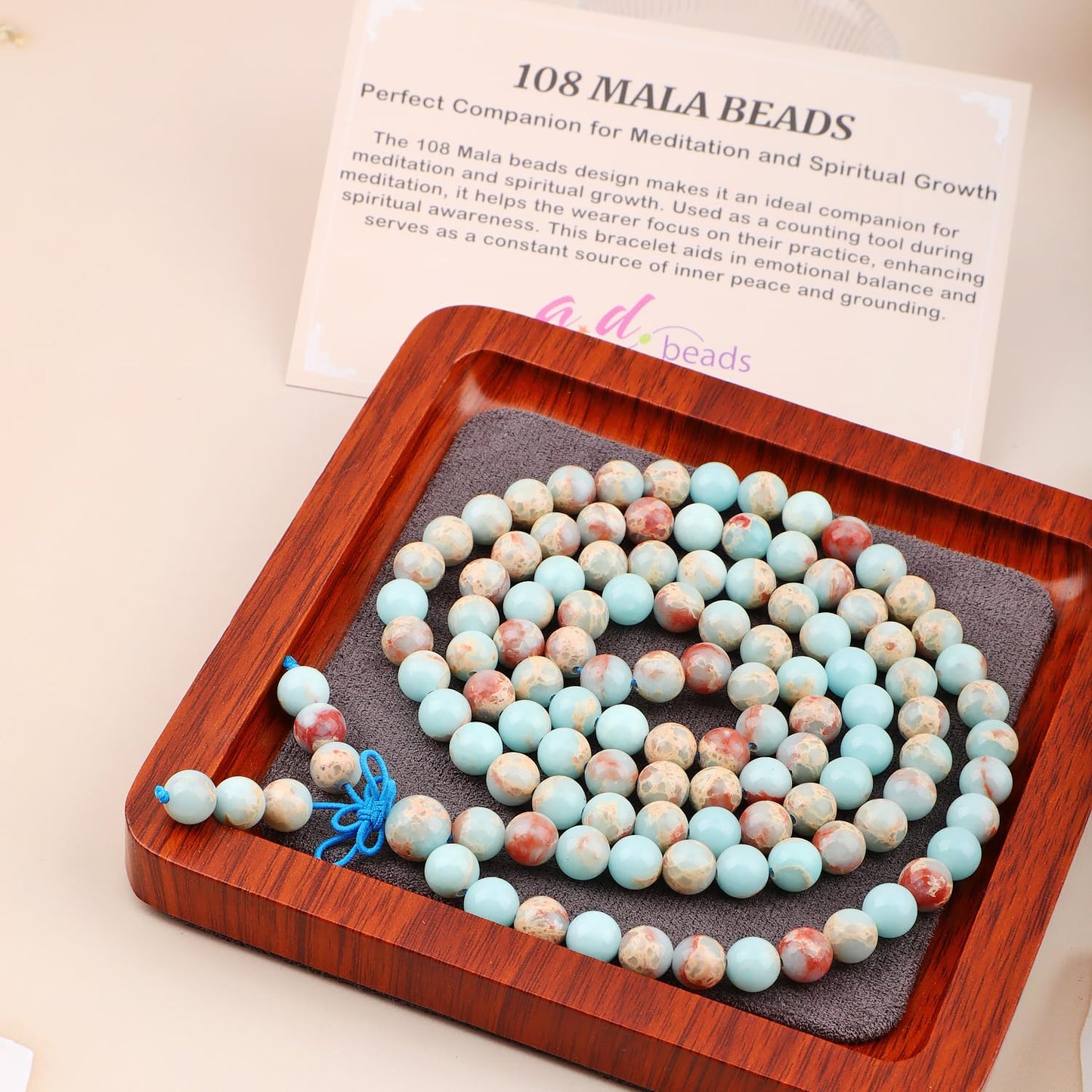 AD Beads 8mm 108 Prayer Mala Amazonite Elastic Bracelet - Unlock Your True Self - Handmade Yoga Meditation Healing Power Energy Gifts for Unisex Adult.