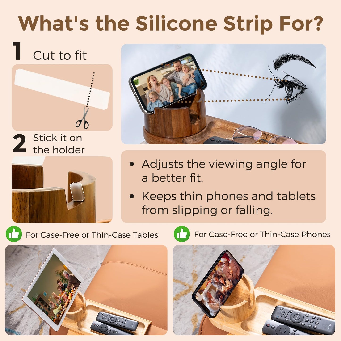 Couch Cup Holder for Armrests Over 4.9" Wide, Bamboo Couch Arm Tray with 360° Rotating Phone Stand, 3 in 1 Foldable Sofa Arm Tray Table for Remote, Snacks, Phone, Drinks Walnut