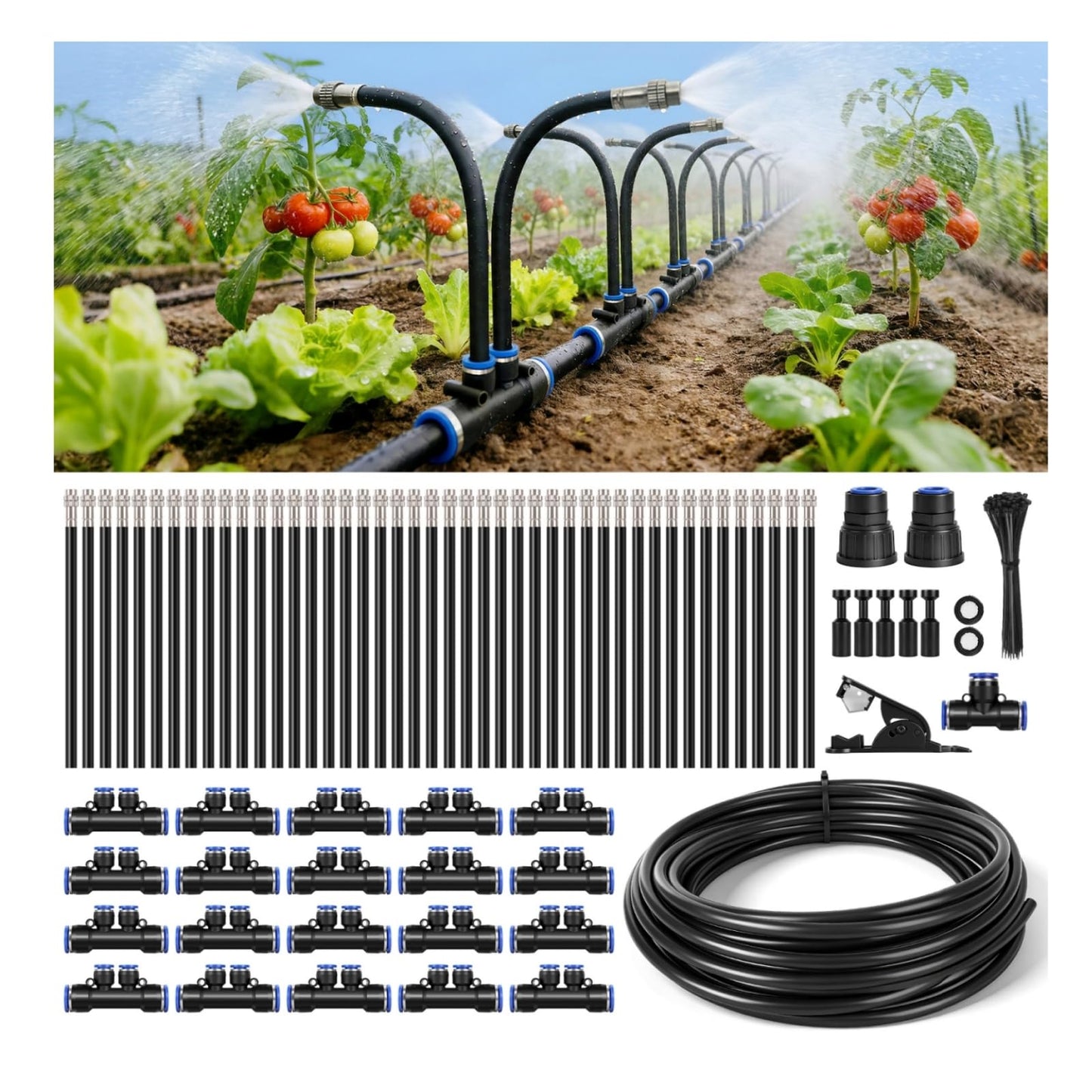 75Ft 1/2" Tubing High-Flow Drip Irrigation System, 360° Adjustable Garden Watering System with 40 Nozzles, Dual-Side Watering Kit for Raised Beds, Greenhouses & Efficient Plant Irrigation