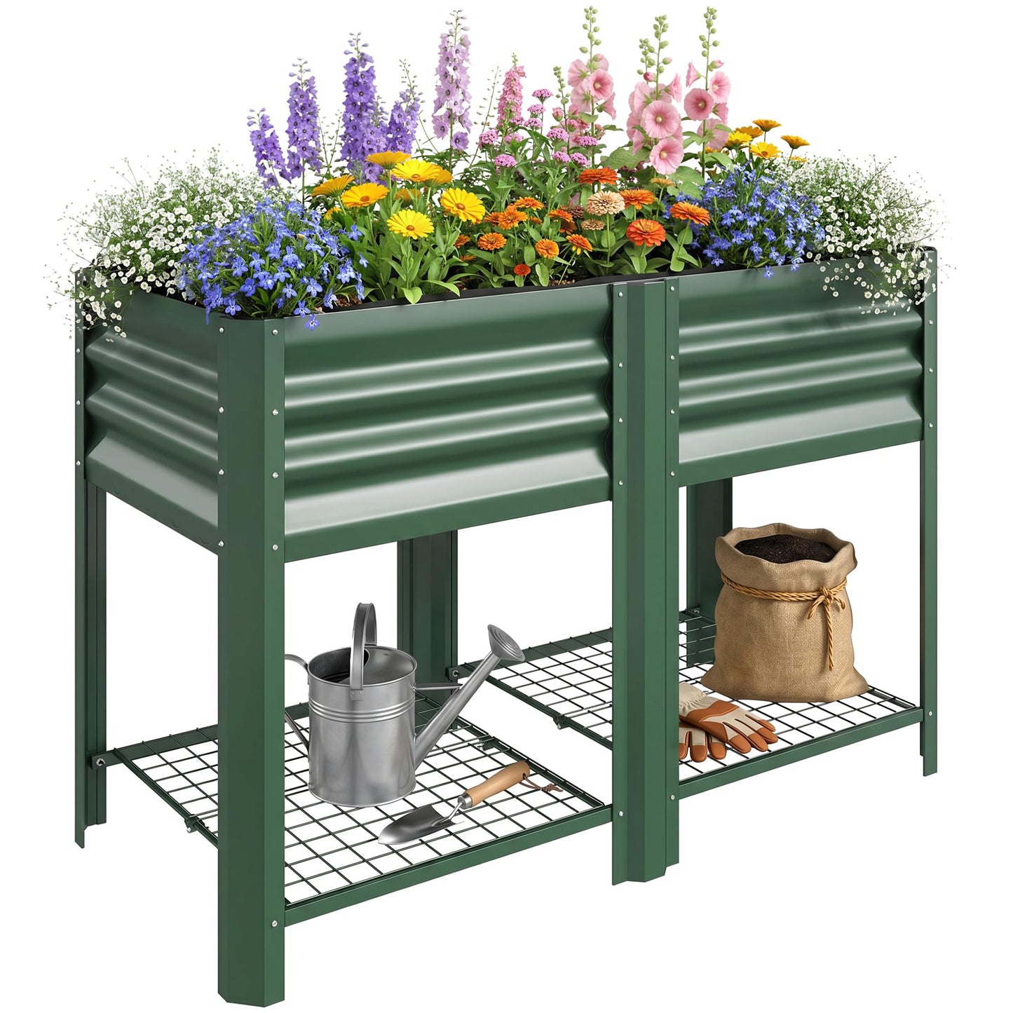 Outsunny Galvanized Steel Raised Garden Bed with Storage Shelf and Bed Liner, Elevated Planter Box with Legs for Flowers, Vegetables, and Herbs, for Outdoor Patio Yard, Glove Included, Green