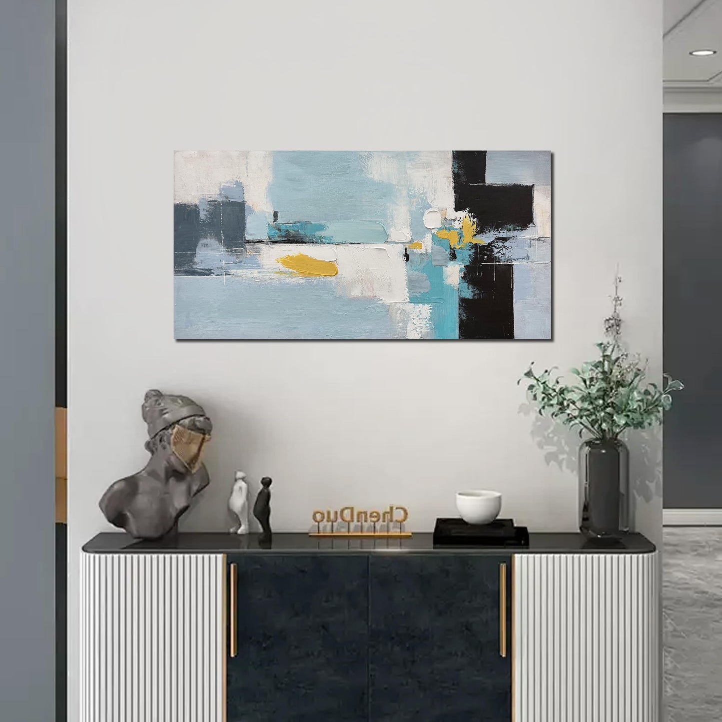 Tarfupth Large Blue Abstract Wall Art for Living Room Black and White Hand Painted Oil Painting Modern Textured Canvas Artwork for Bedroom Home Office 20"x40"