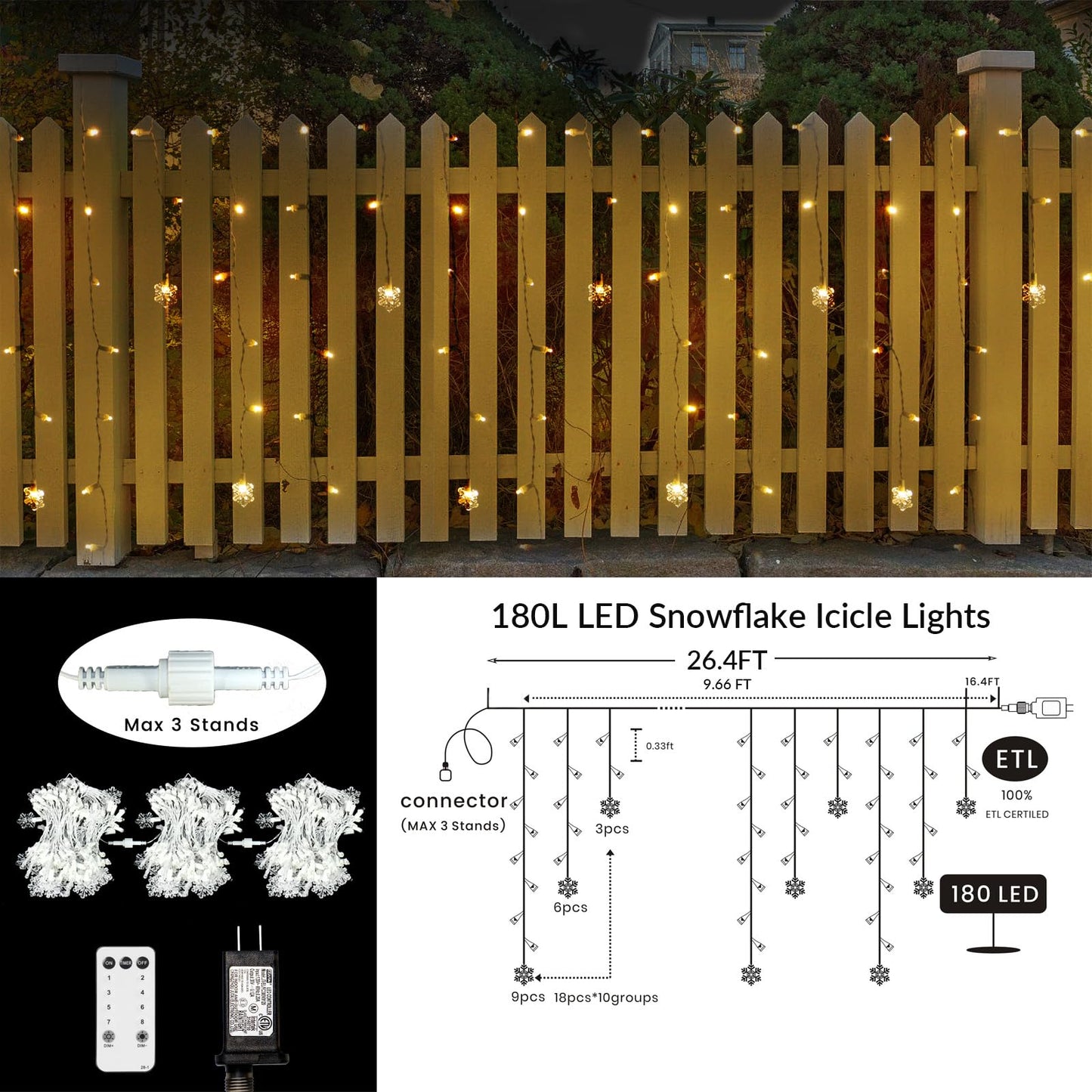 Icicle Lights for Outside 180 Clear Warm White 5MM Led 26.4ft White Wire Snowflake with 8 Mode Function Curtain String Lights Indoor Warm White and Outdoor for roof Patio Garden Bedroom (Remote)