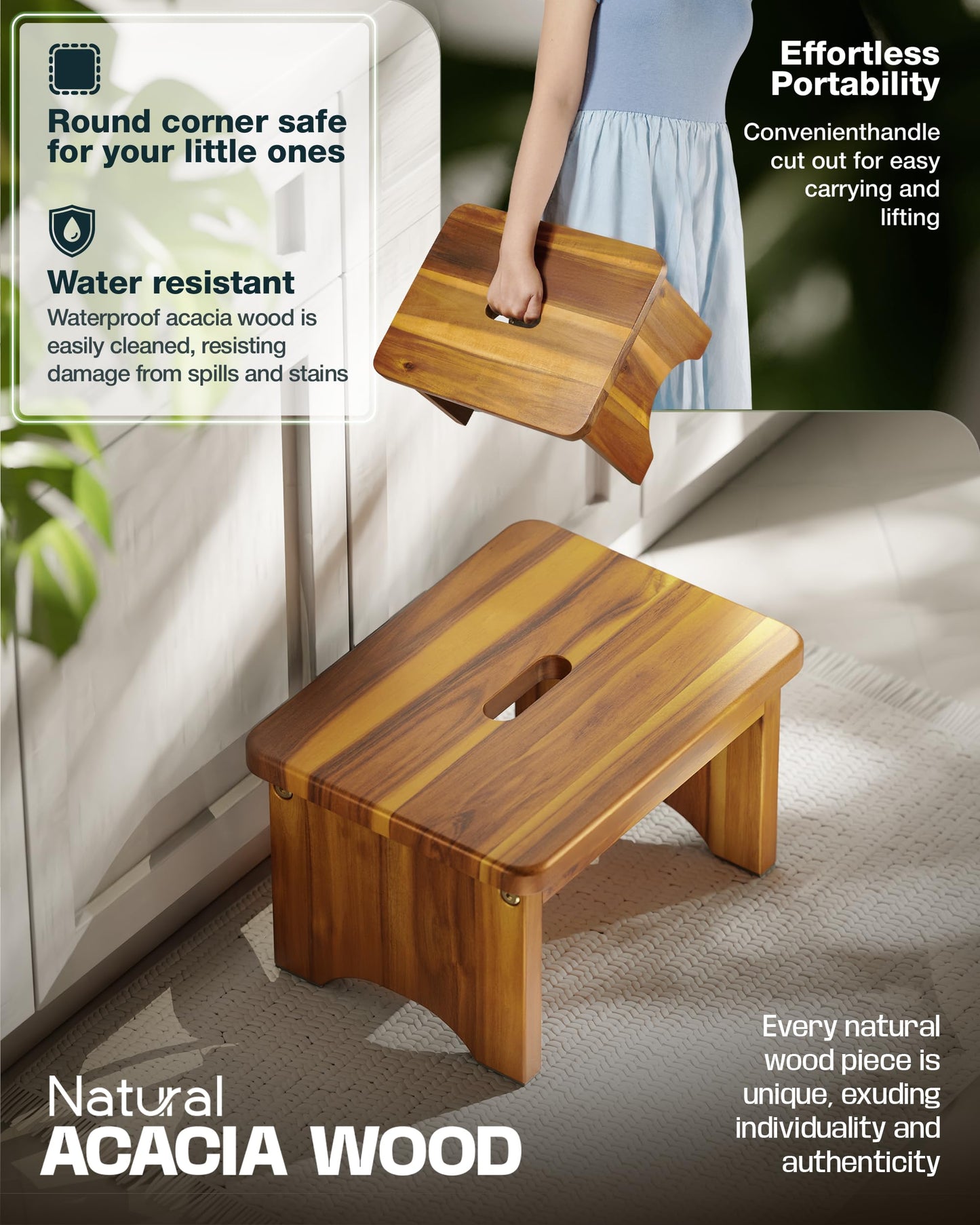 FANATU Wooden Step Stool, 9'' One Step Stool for Adults, Wooden Beside Step with 550 Lbs Load Capacity, Heavy Duty/Portable/Nonslip/Durable Construction Safe Step for Bedroom/Kitchen