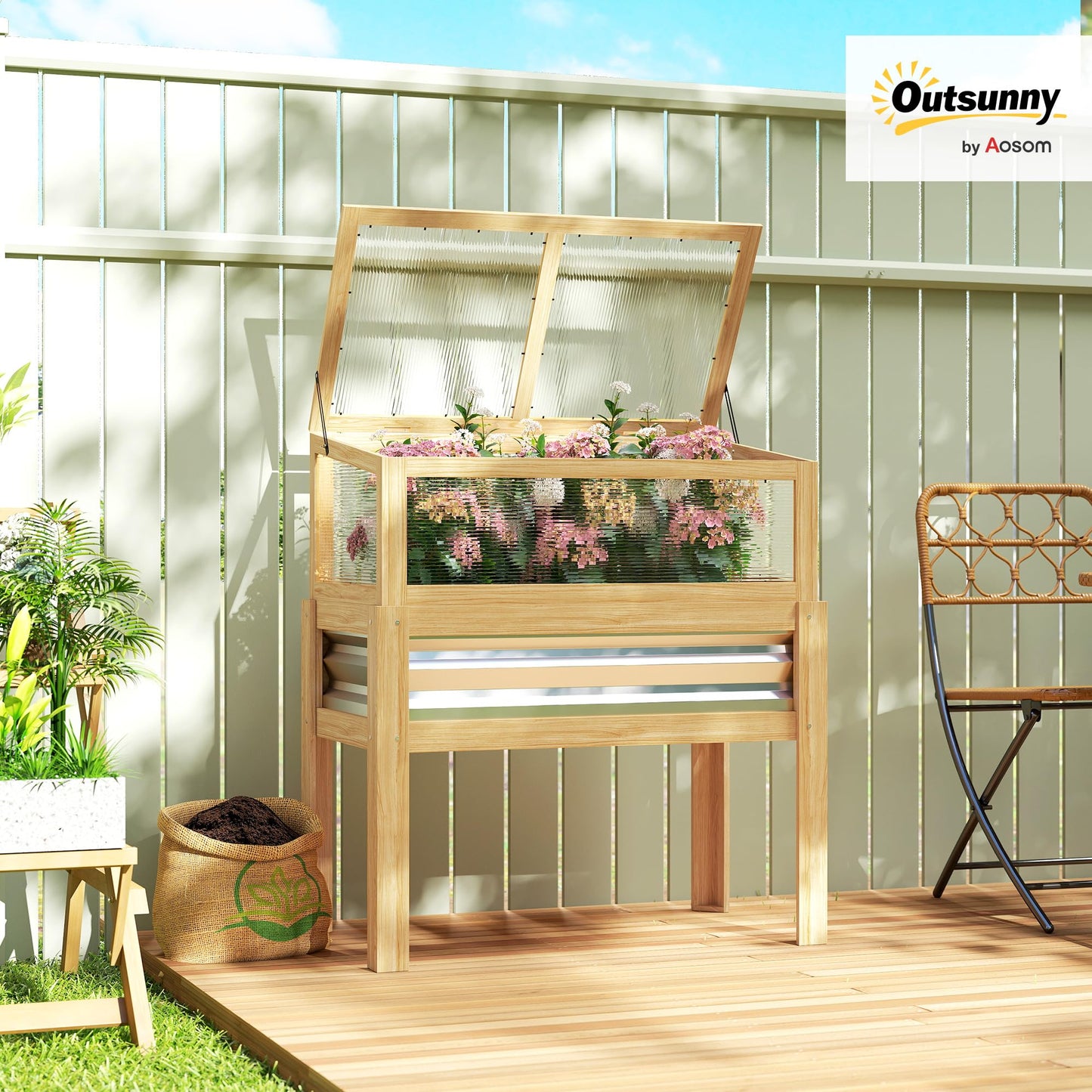 Outsunny Wooden Raised Garden Bed with Flip-Up Greenhouse Top, Raised Garden Bed with Legs and Bed Liner, Elevated Planter Box for Flowers, Vegetables, Herbs, Natural