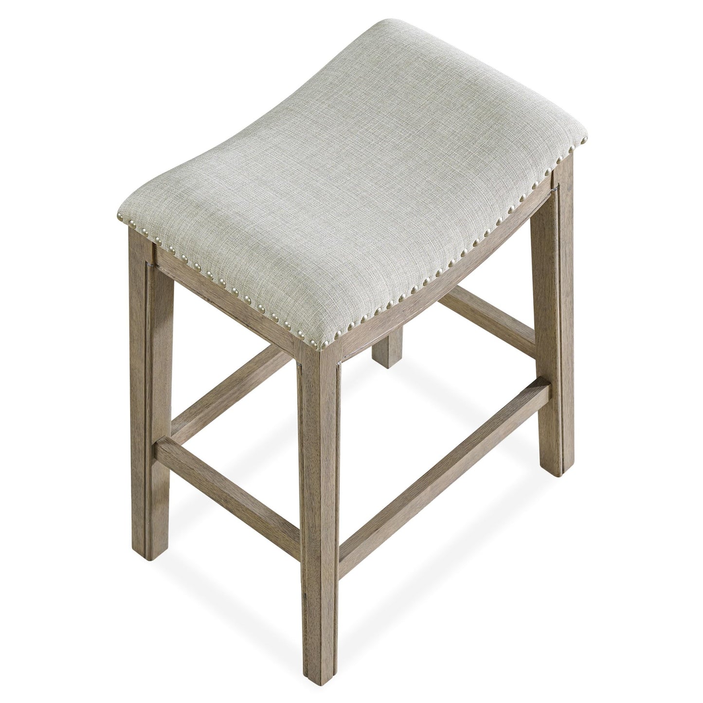 ROME + OAK Parker 26 Inch Counter Stool, Backless Saddle Kitchen Barstool in Reclaimed Oak Finish with Ash Grey Fabric Upholstery Cushion Seat