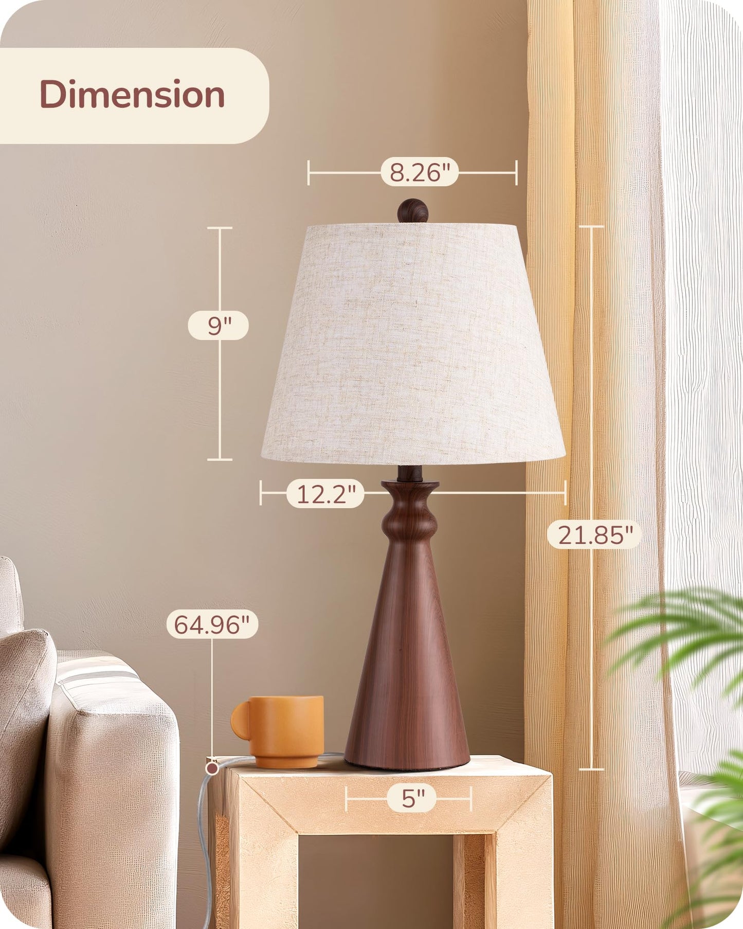 EDISHINE 21.85" Boho Table Lamp, Rustic Bedside Lamp, Water Transfer Red Wood Grain Metal Base, Beige Linen Shade, Farmhouse Nightstand Lamp for Living Room, Bedroom, Office, E26 Base