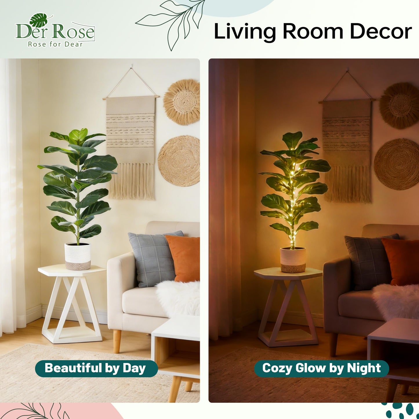Der Rose 2 Pack 30" Artificial Fiddle Leaf Fig Tree with Warm LED Lights – Battery Powered, Mid-Size Fake Plants for Living Room, Bedroom, Entryway & Home Decor