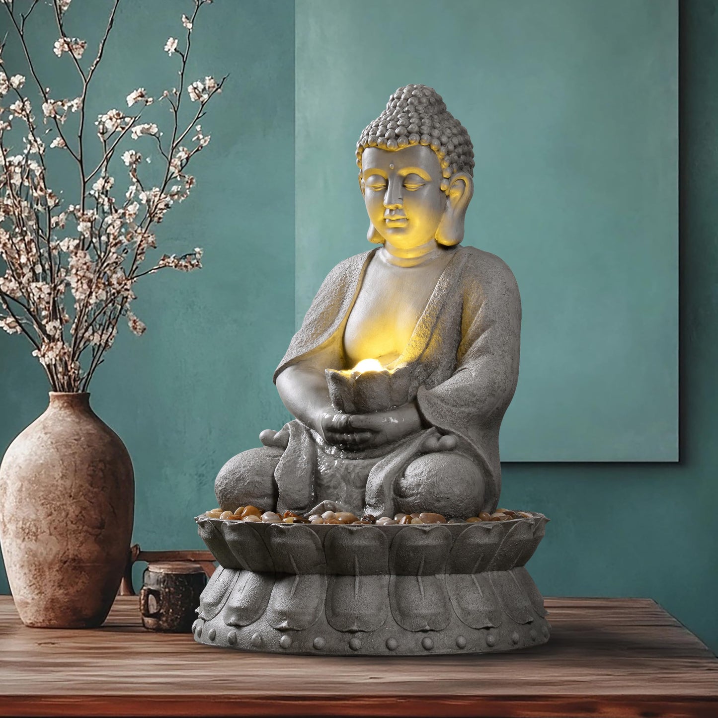 Mseonwxi Buddha Water Fountain Outdoor, Zen Fountain with LED Light for Garden, Home Decor, Relaxing Buddha Statue with Lotus Base, for Women