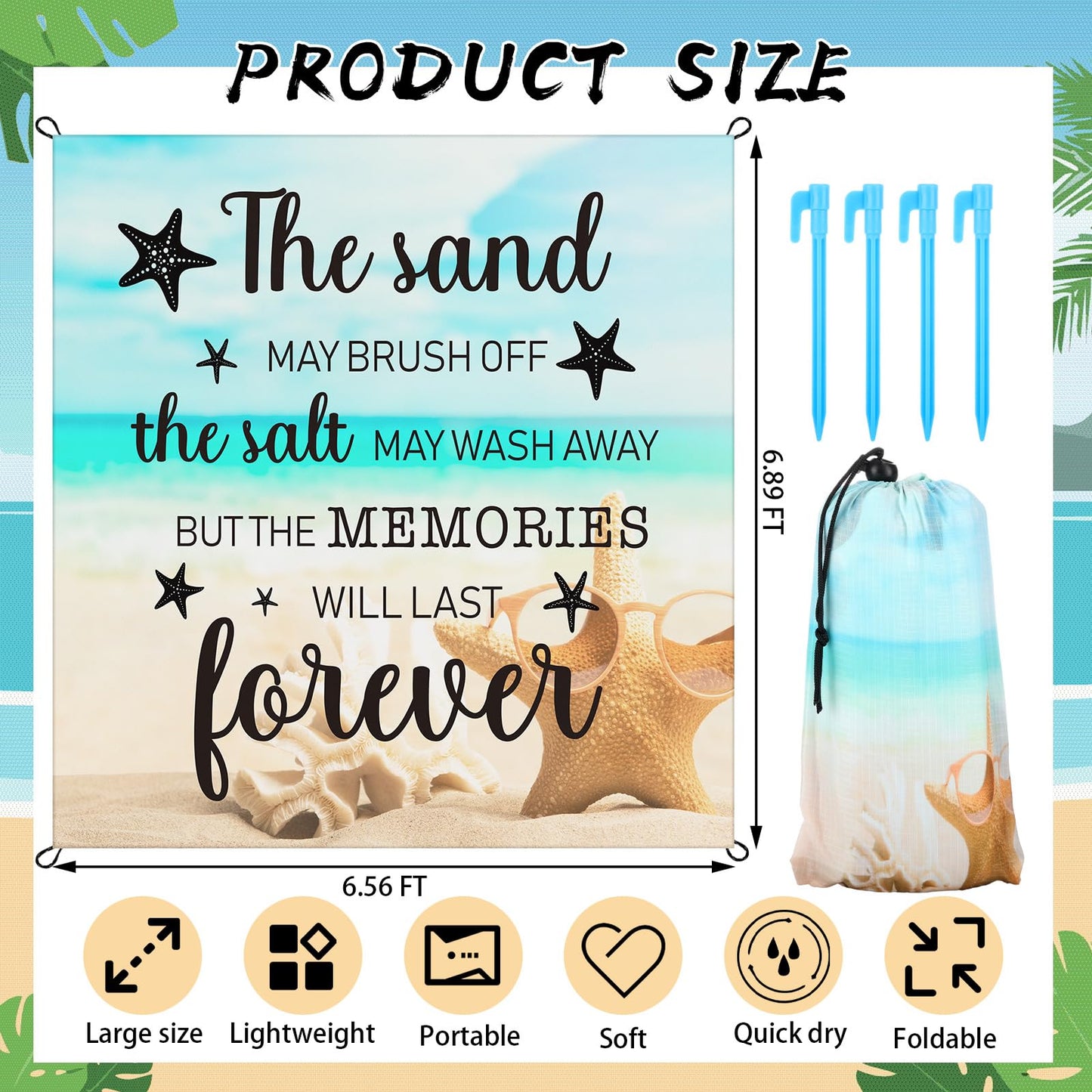 Boao Ocean Theme Beach Blanket Waterproof Sandproof Extra Large Mat 6.56 x 6.89 ft Lightweight Portable for Outdoor Trip Camping with Stakes Storage Bag 1-4 Family Friend Vacation Starfish Sea Shell