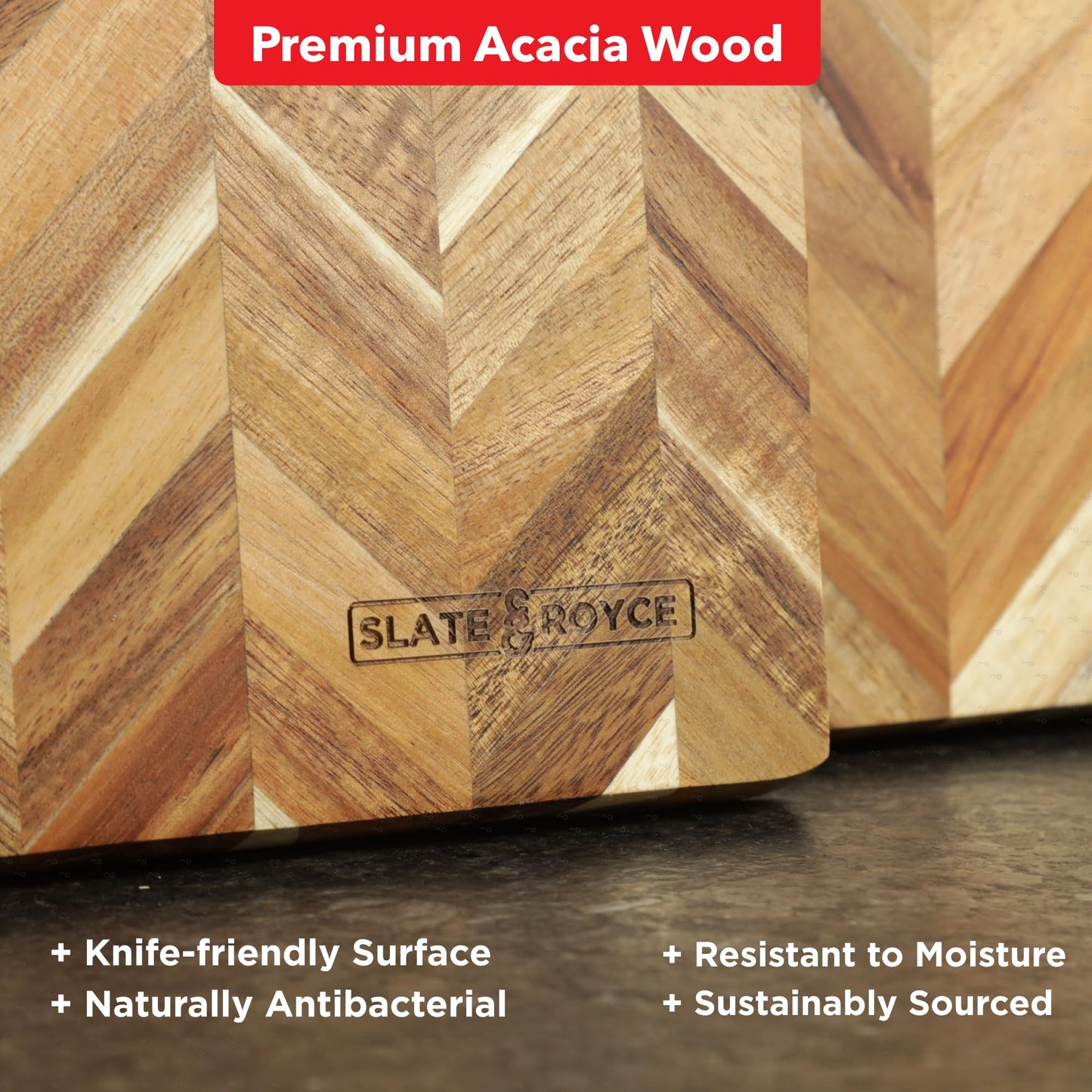 SLATE & ROYCE Herringbone Acacia Wood Cutting Board Set of 2 — Premium Wood Cutting Board & Serving Board, Non-Toxic, Kitchen Prep & Entertaining, Perfect Wedding or Housewarming Gift