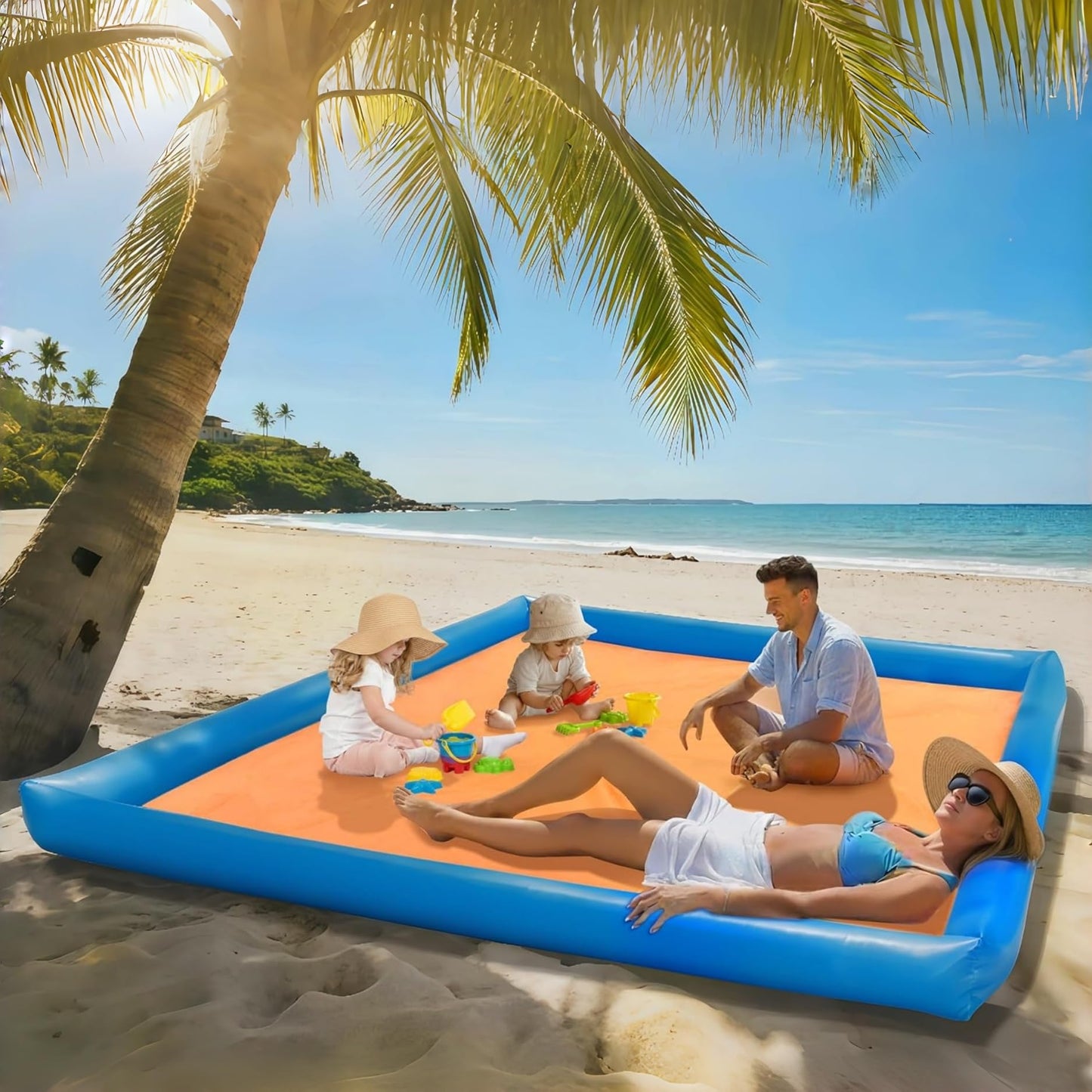 ROMIVO Beach Blanket, Large Beach Blanket Sandproof, 79"x83" Beach Mat for Family, Beach Mats with Pillow, Camping Sleeping Mat Portable Outdoor with Side Walls, Beach Essentials (Blue-Orange)