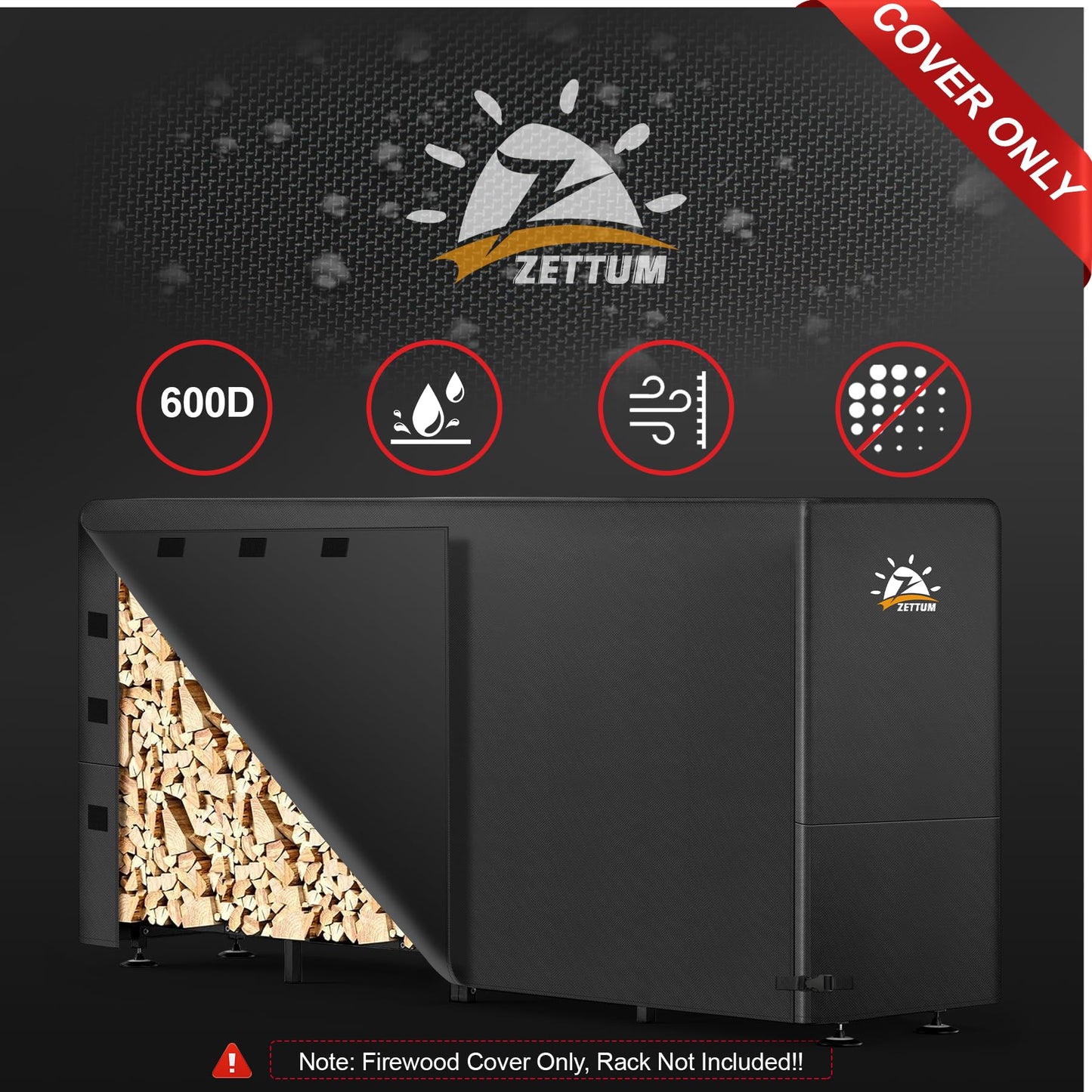 Zettum Firewood Rack Cover 8 Feet - 600D Wood Rack Cover Waterproof & Heavy Duty, 8 Foot Outdoor Log Pile Holder Covers Storage for 8FT Standard Fire Wood Rack Stands (96 x 24 x 49 Inch)