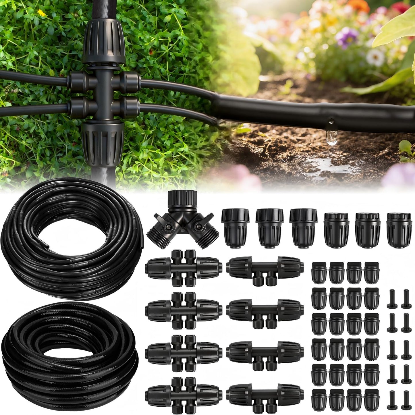132FT Drip Irrigation Tubing Kit with 1/2 inch Drip Irrigation Tubing, 1/4 inch Irrigation Dripline, and Irrigation Parts for Garden, Raised Beds, and Greenhouse Watering