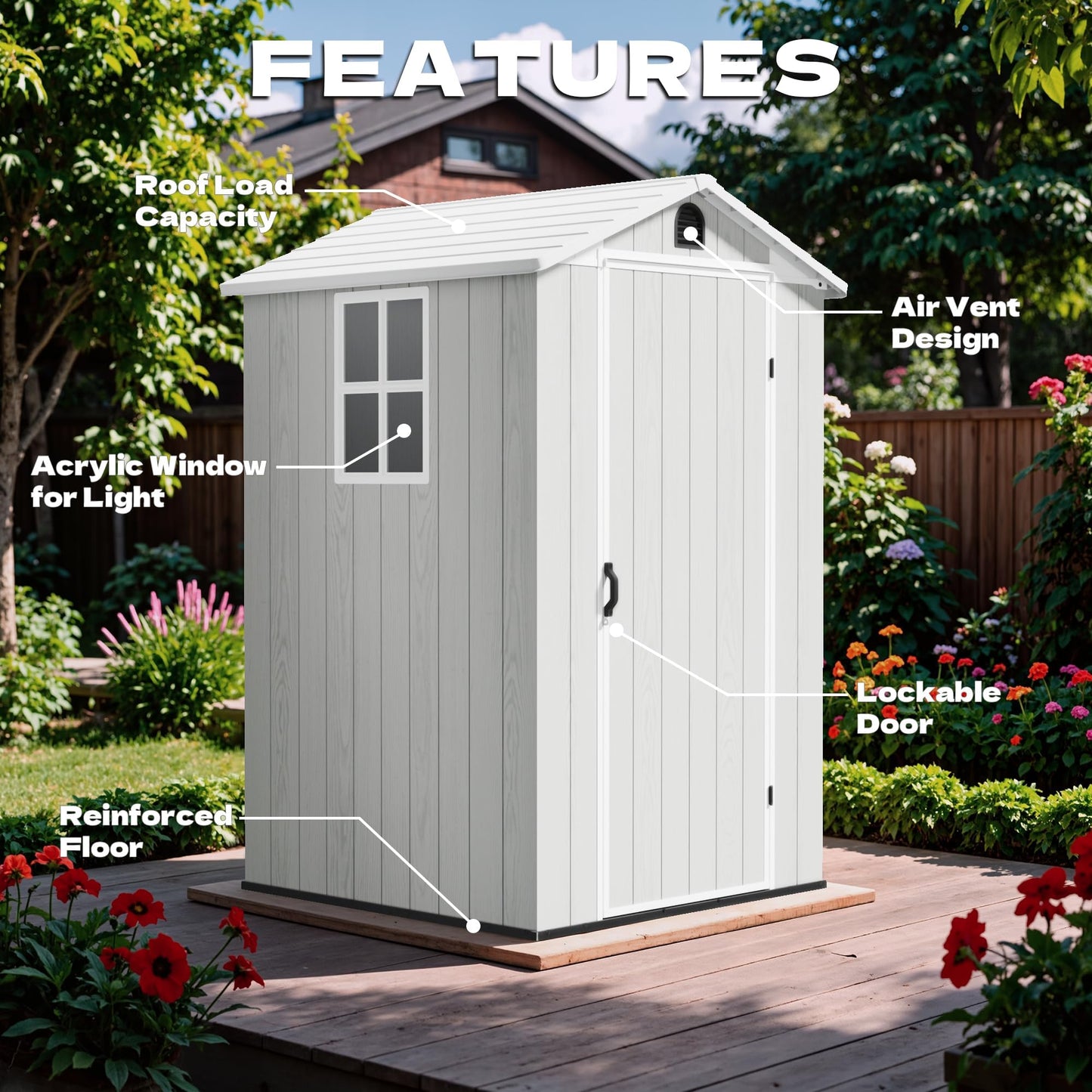 Devoko 4×4 FT Resin Storage Shed with Floor, Plastic Outdoor Garden Shed with Windows and Lockable Doors, Waterproof Outside Tool Sheds for Patio Backyard Lawn, Light Gray